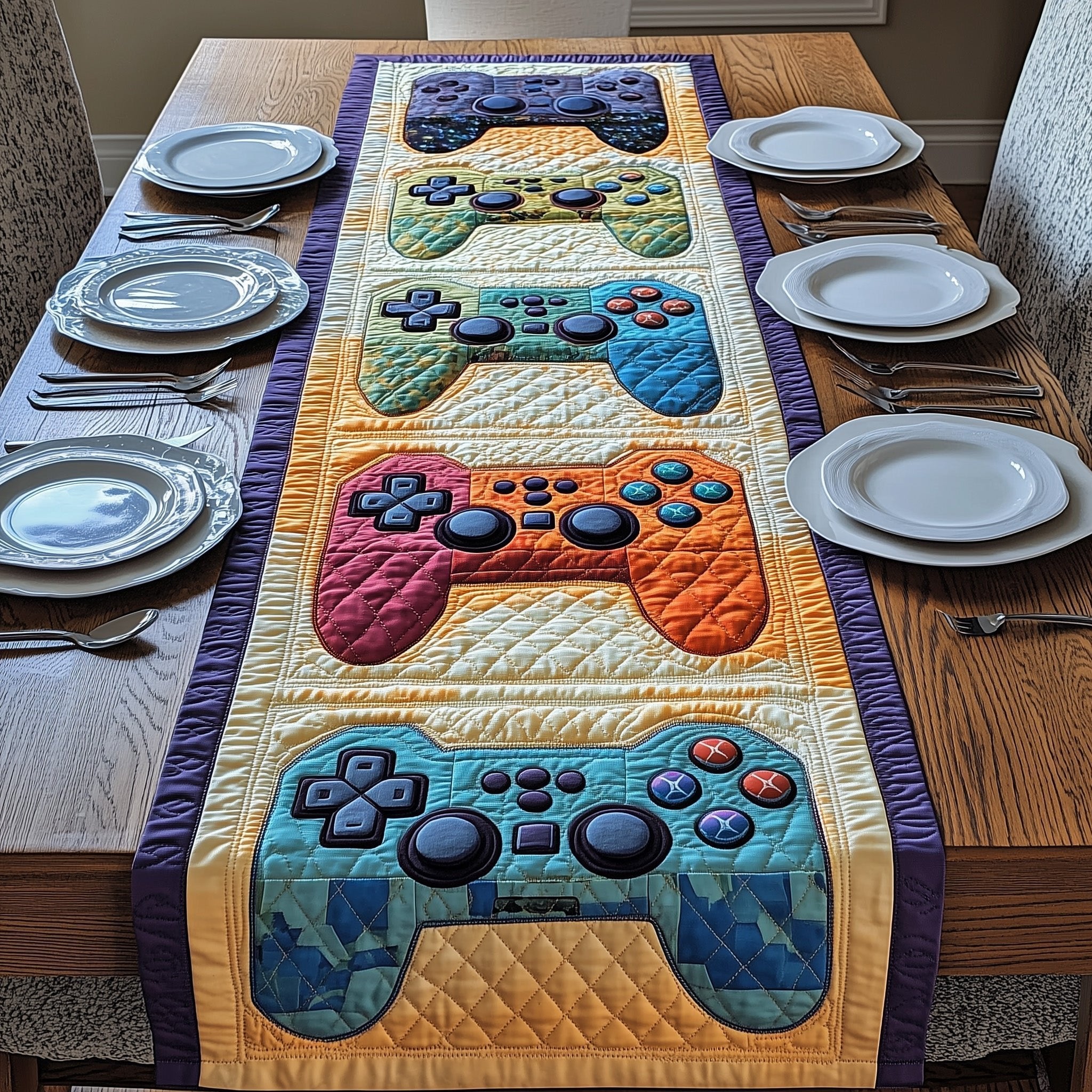 Teal and Orange Controllers on Blue Table Runner