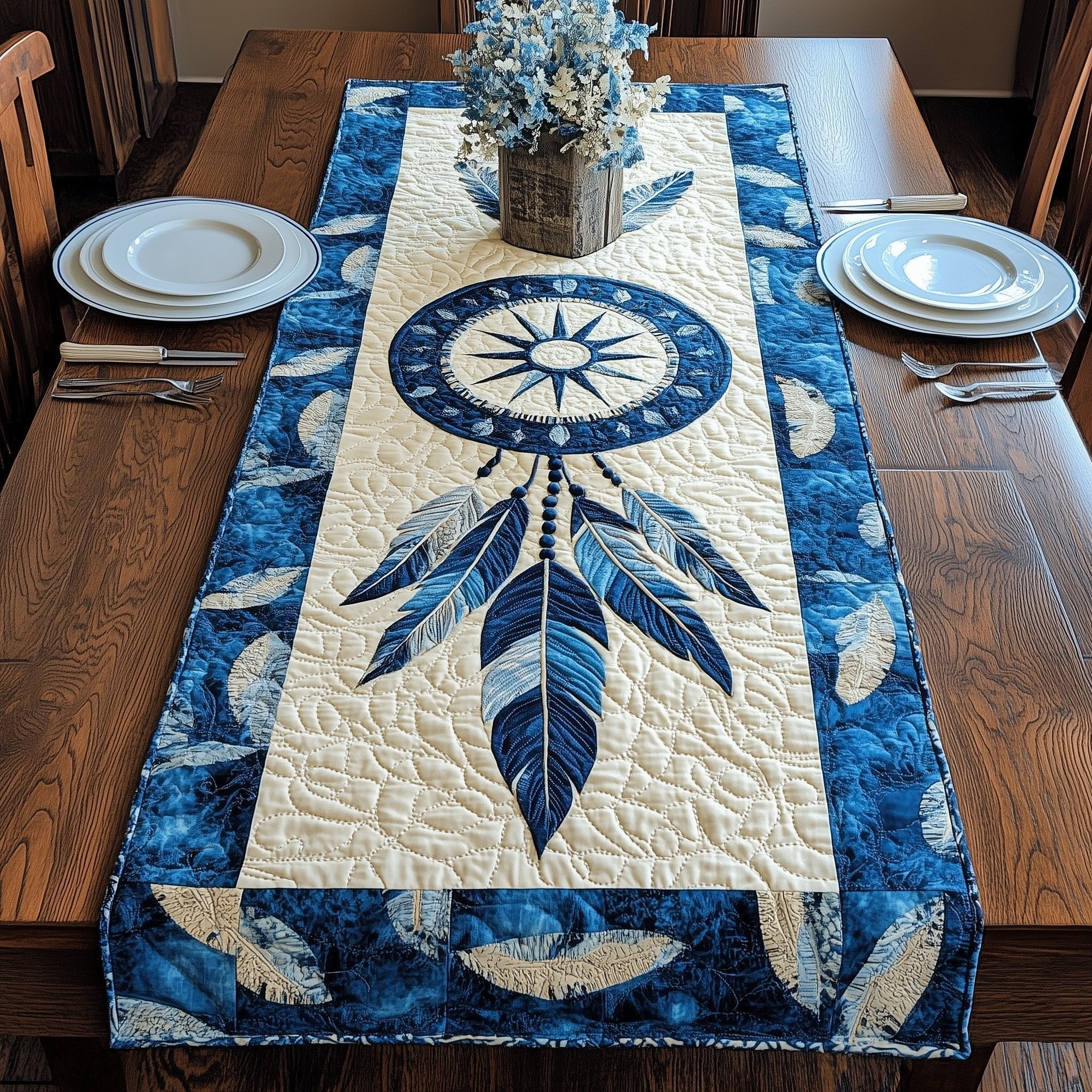 Blue Dreamcatcher with Feather Fringe Table Runner