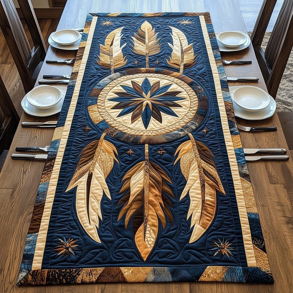 Golden Feathers on Midnight Blue Table Runner