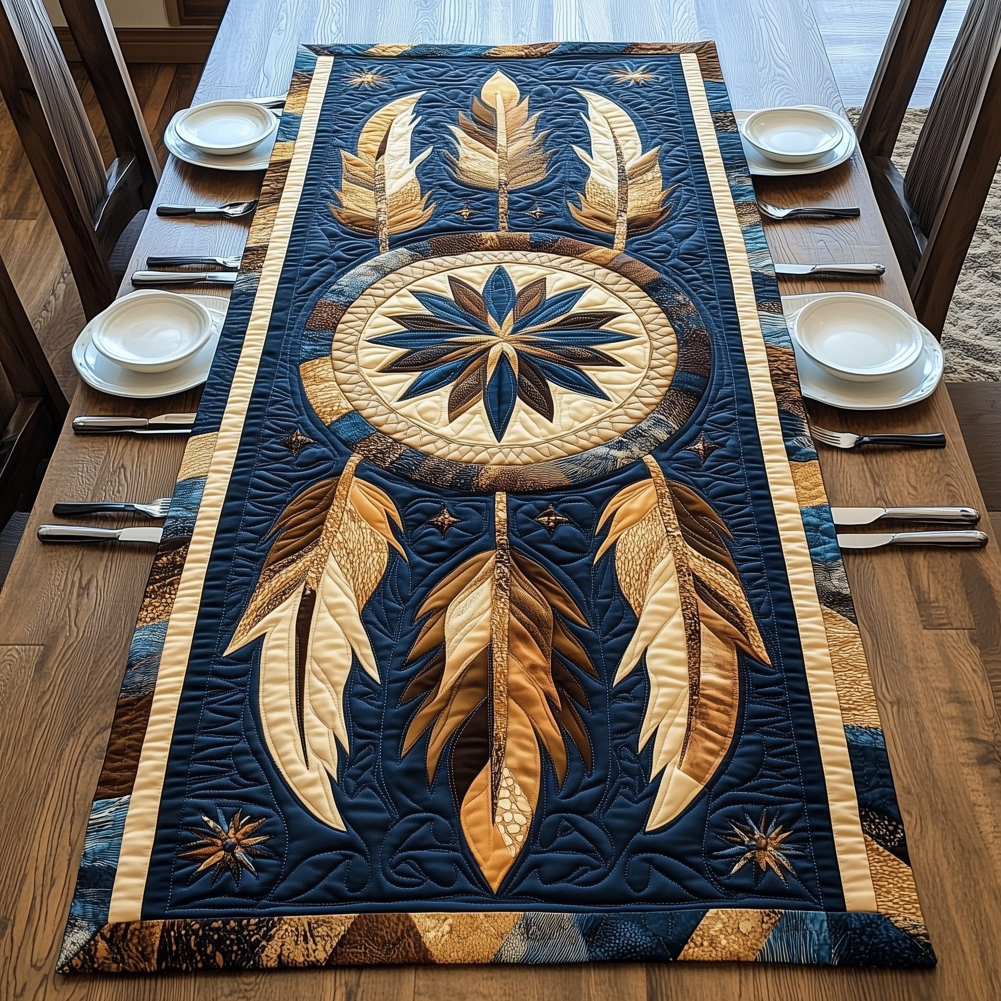 Golden Feathers on Midnight Blue Table Runner