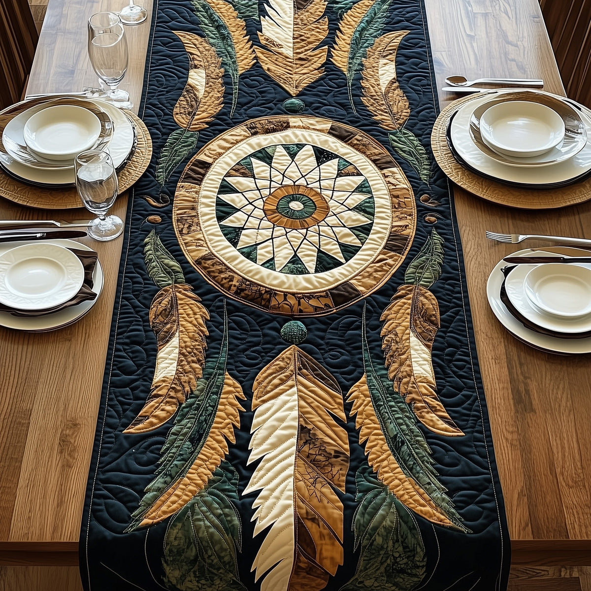 Cream Dreamcatcher on Dark Green Table Runner