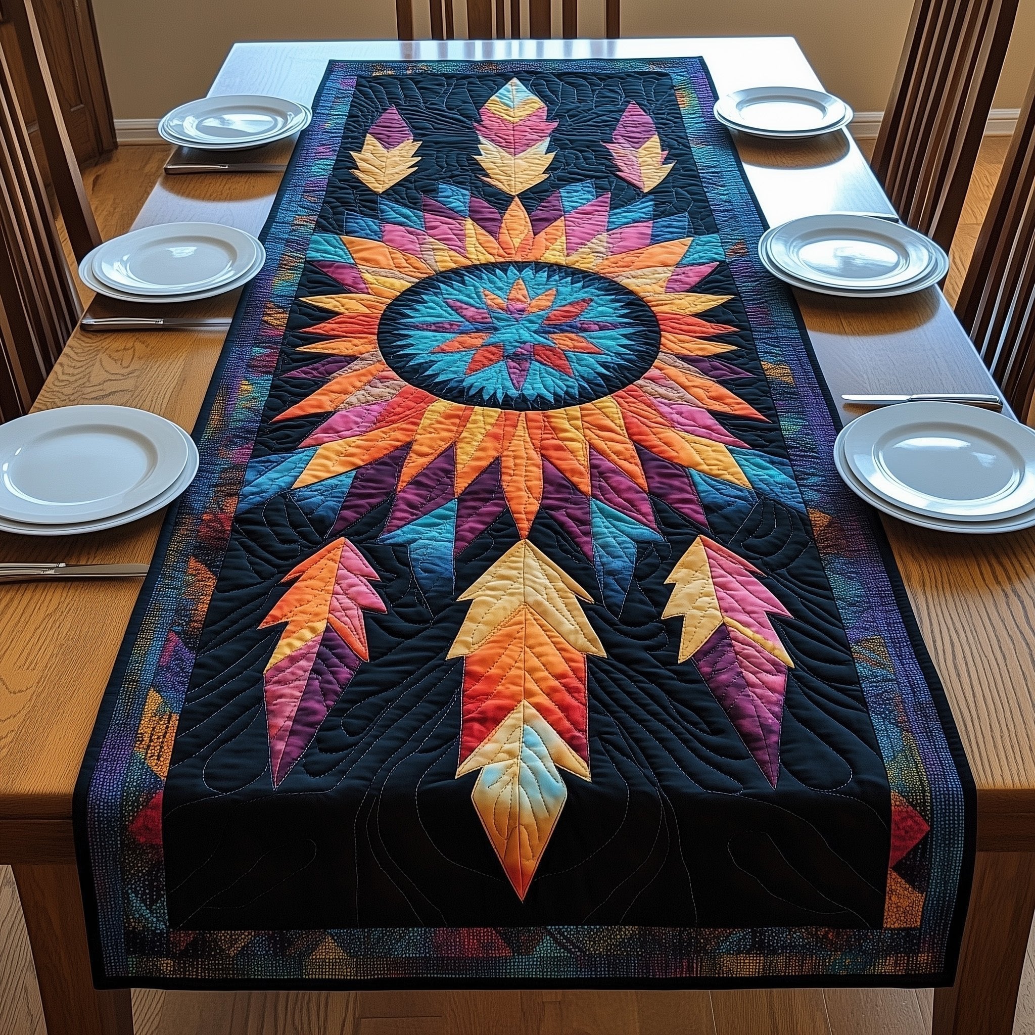 Orange Starburst Dreamcatcher on Black Table Runner