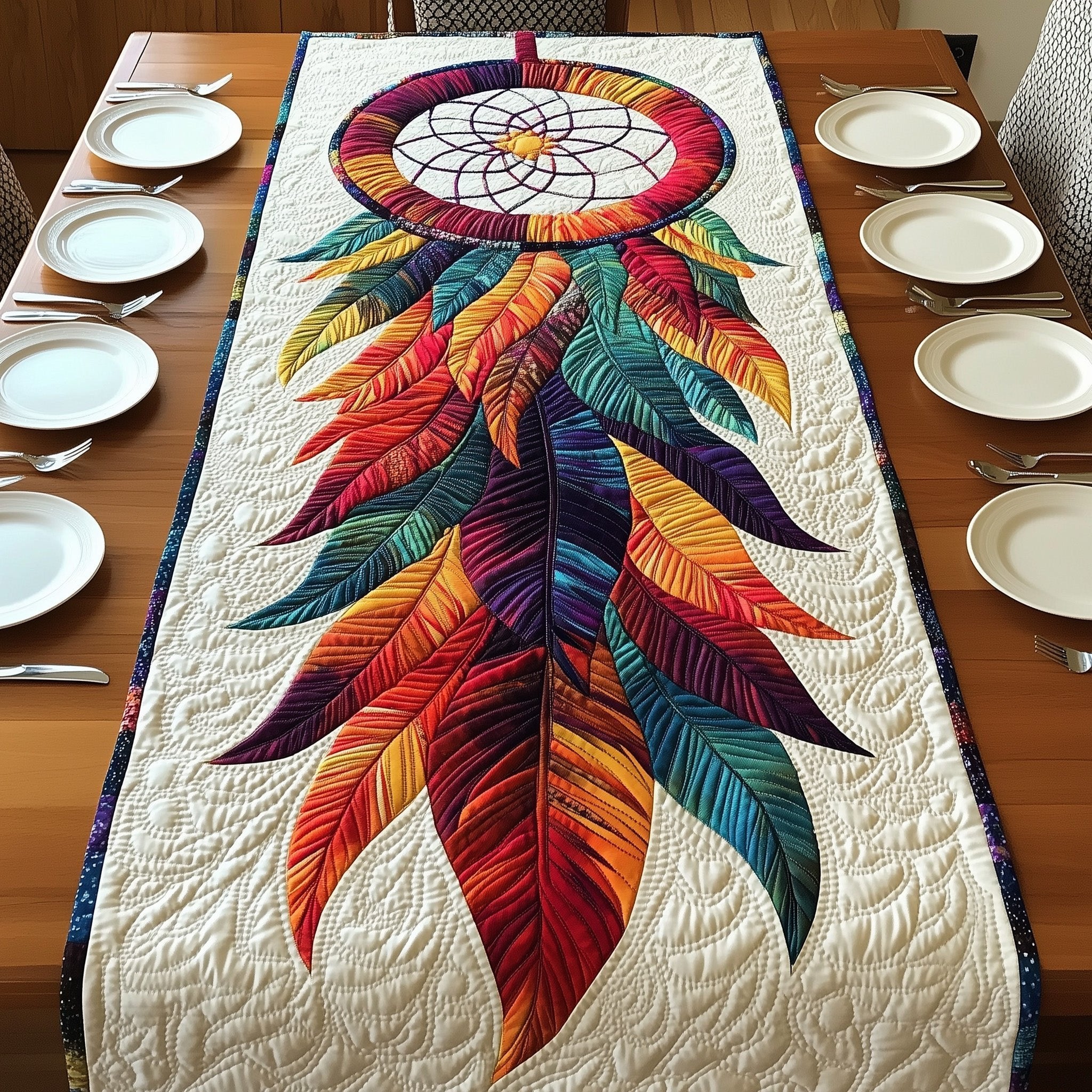 Red and Orange Feathers on Cream Table Runner