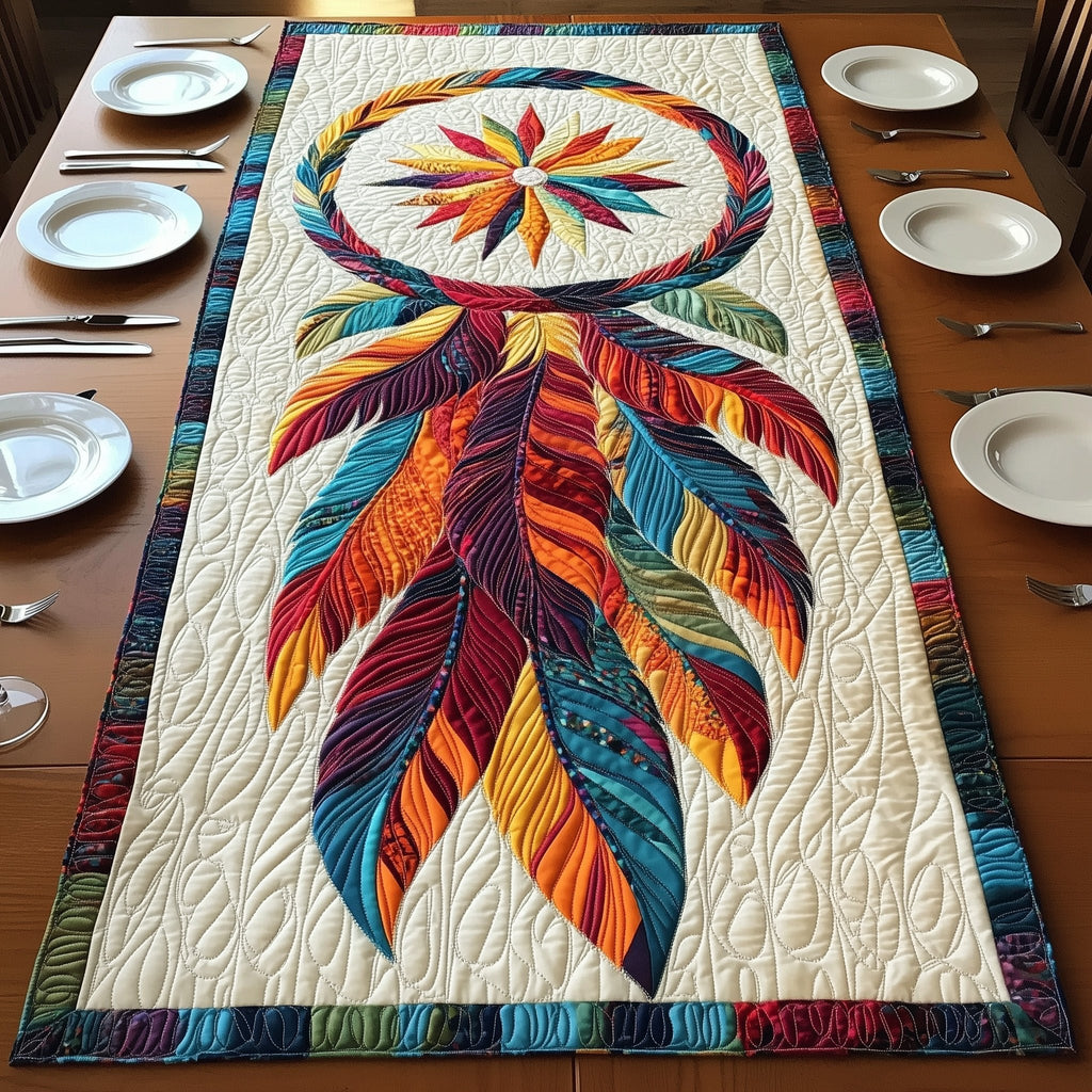 Autumn Feather Spray on Cream Table Runner