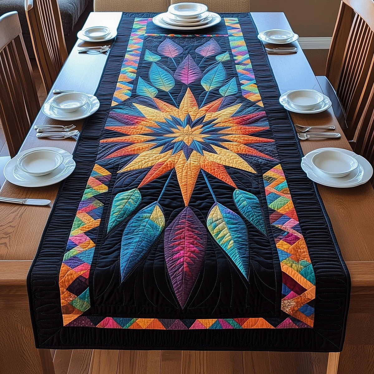 Teal and Orange Feather Starburst Table Runner
