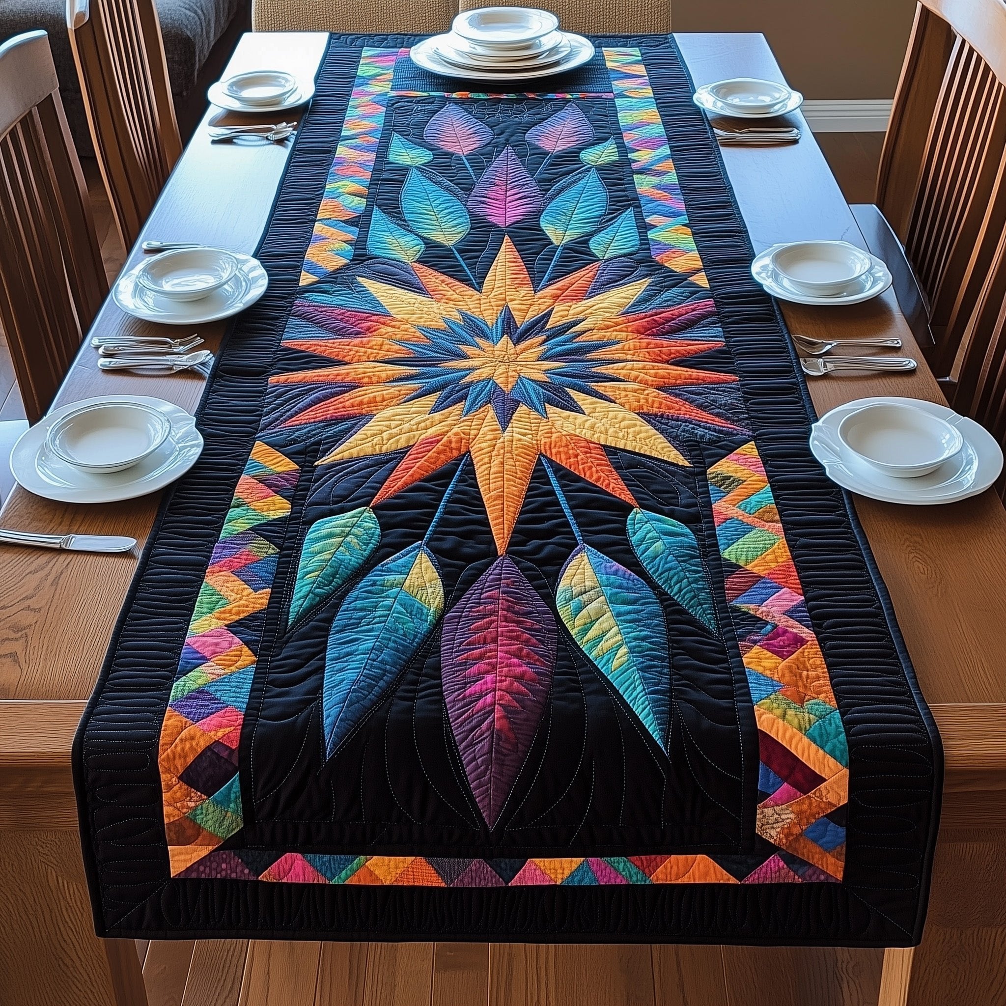 Teal and Orange Feather Starburst Table Runner