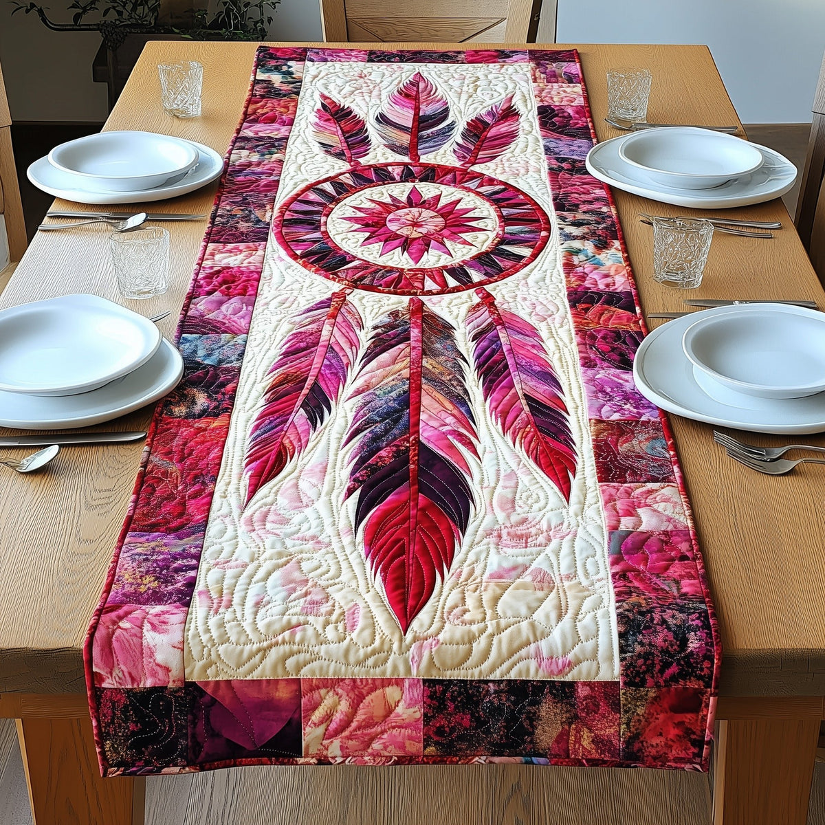 Crimson Dreamcatcher with Pink Feathers Table Runner