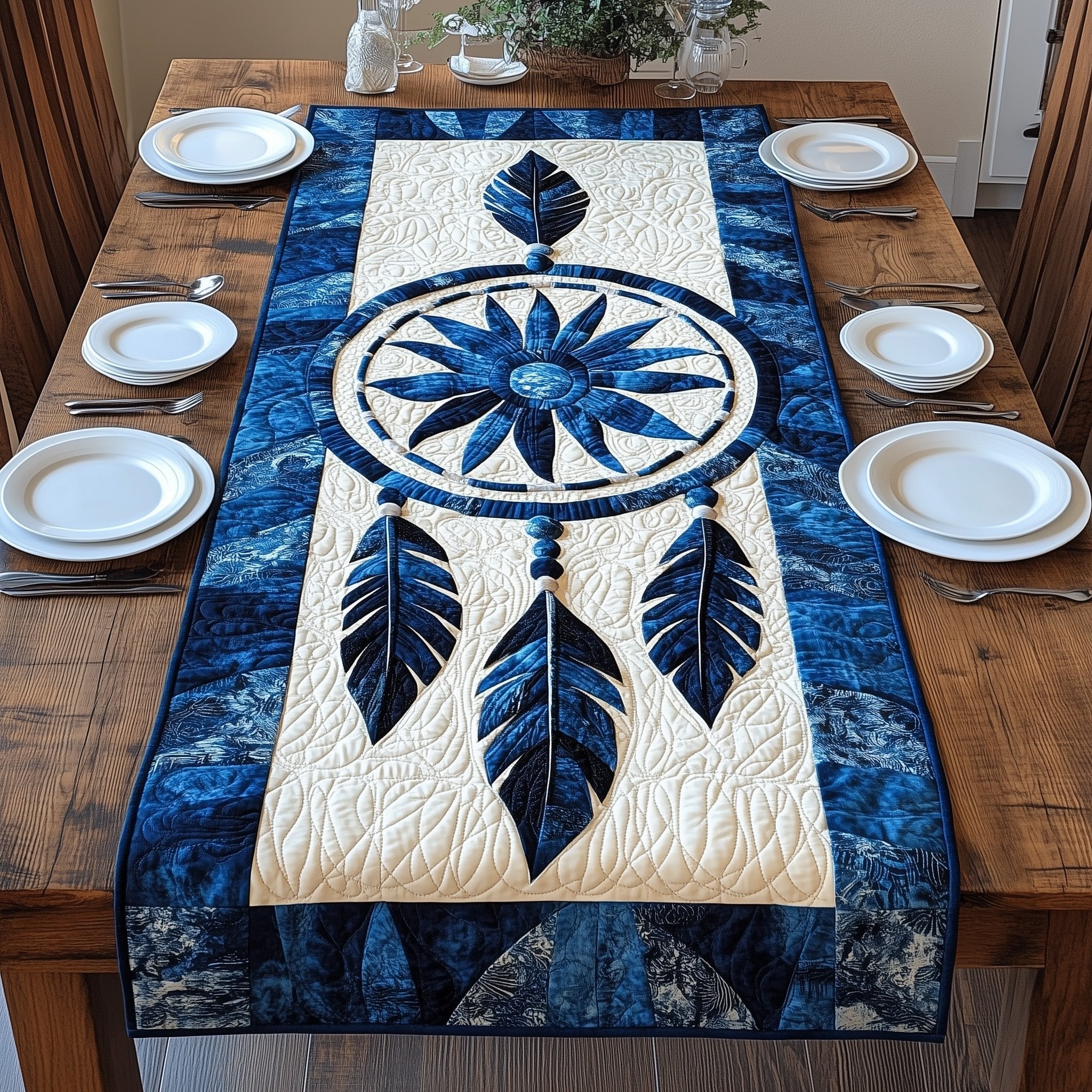 Navy Star Dreamcatcher with Feathers Table Runner