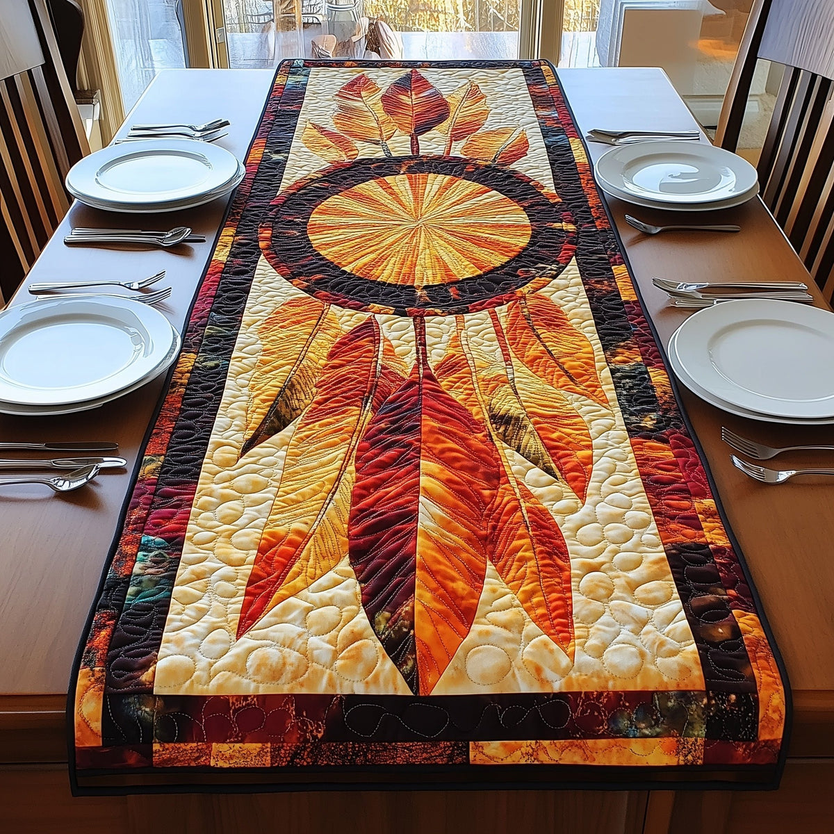 Amber Dreamcatcher with Orange Feathers Table Runner