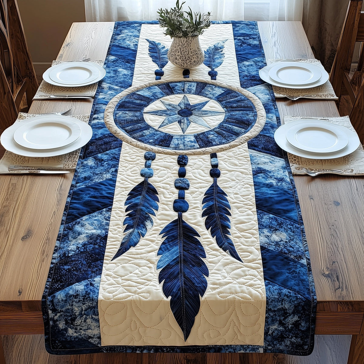 Blue Dreamcatcher with Beaded Cords Table Runner