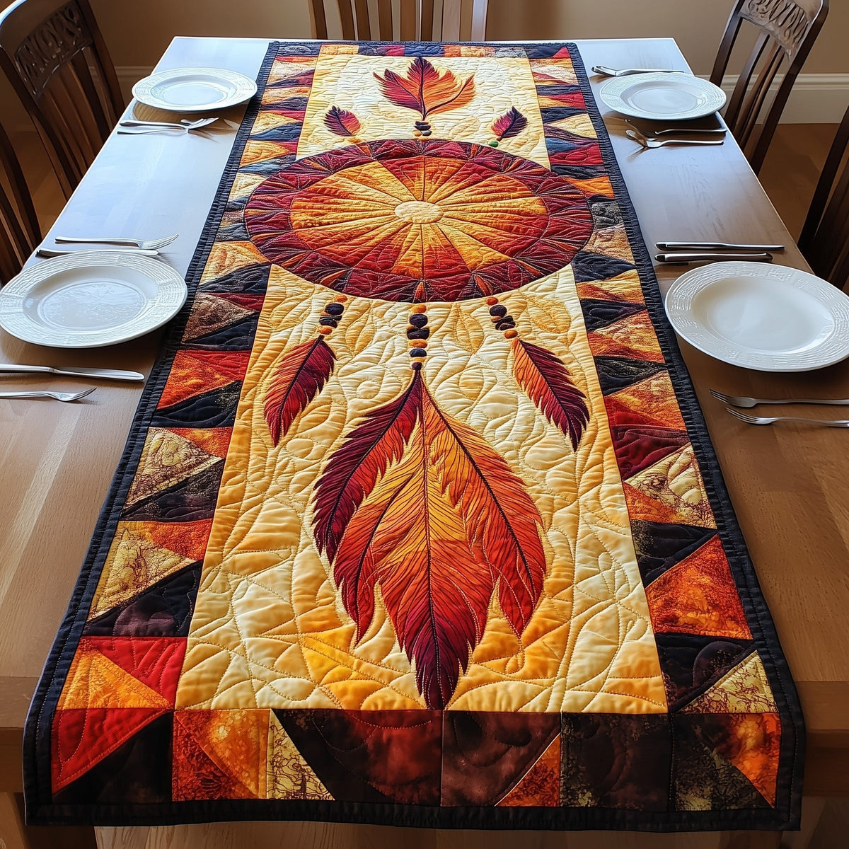 Sunset Feathers on Cream Center Table Runner