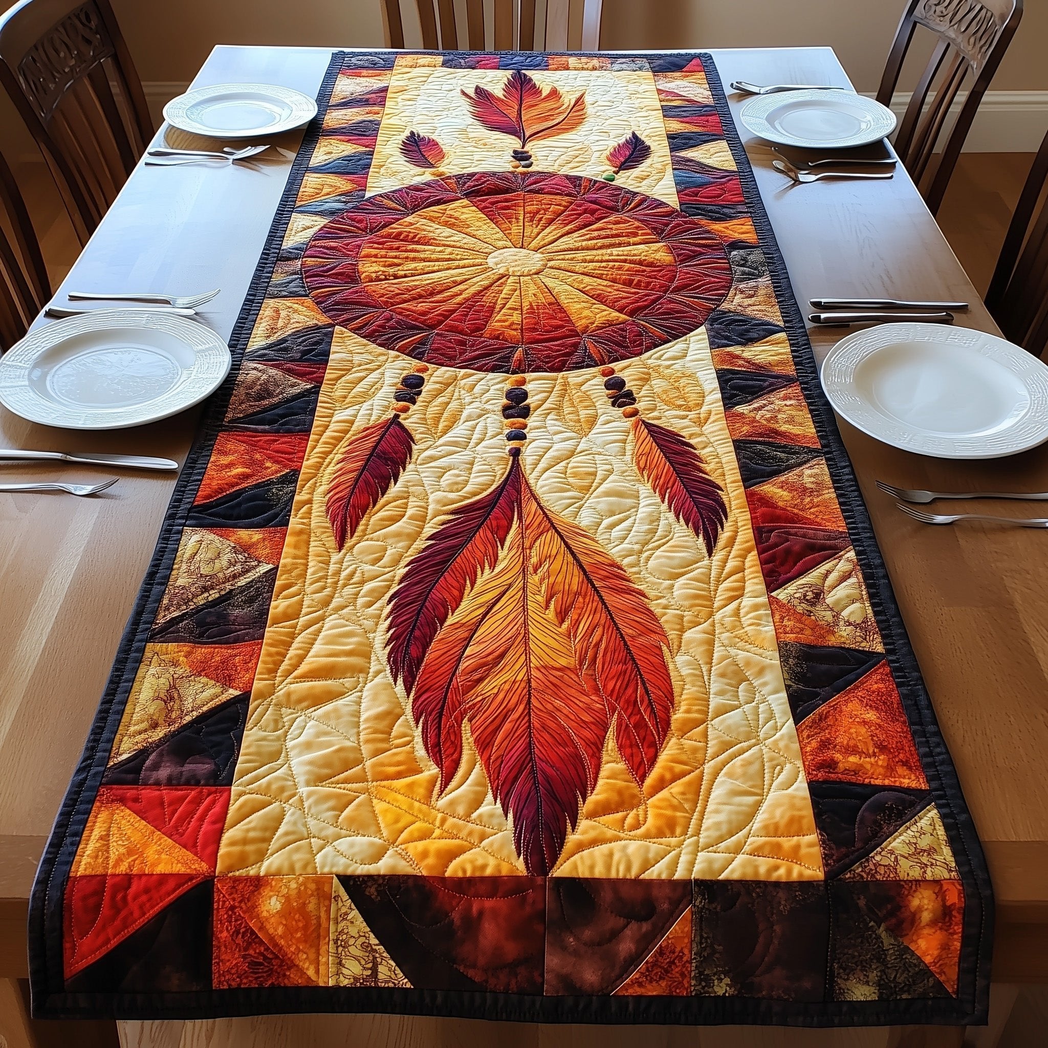 Sunset Feathers on Cream Center Table Runner