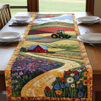 Green Tractor Beside Red Barn Table Runner