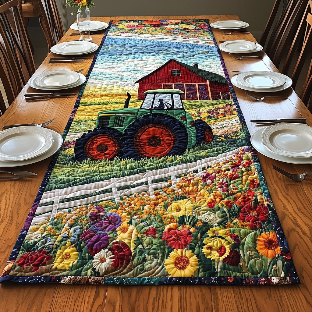 Tractor and Barn Above Flower Field Table Runner
