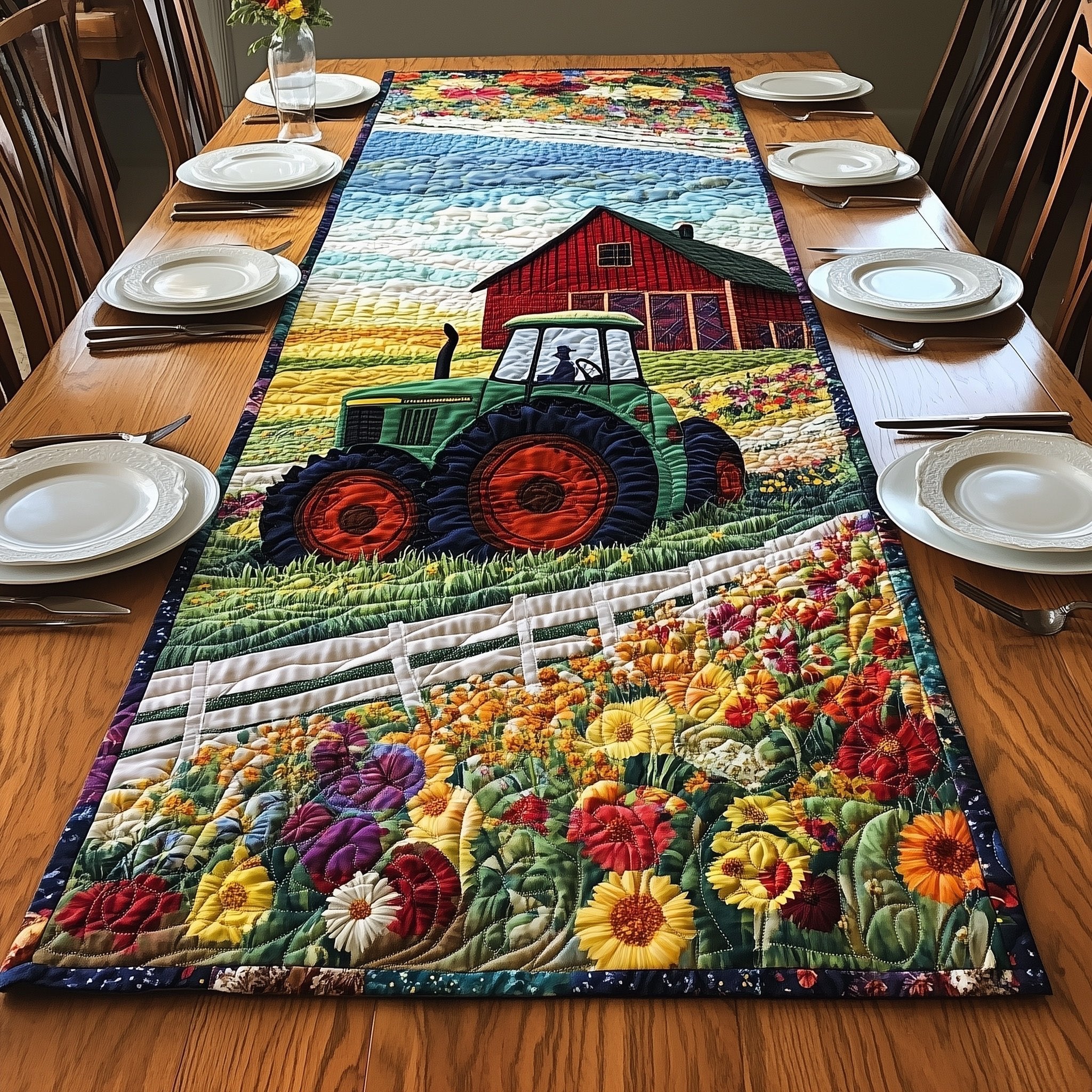 Tractor and Barn Above Flower Field Table Runner