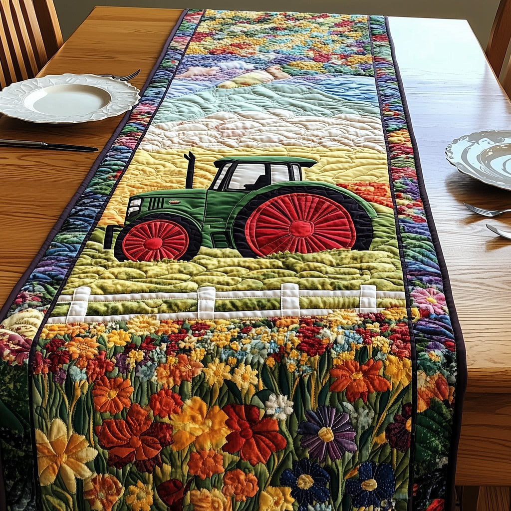 Green Tractor on Plowed Field Table Runner