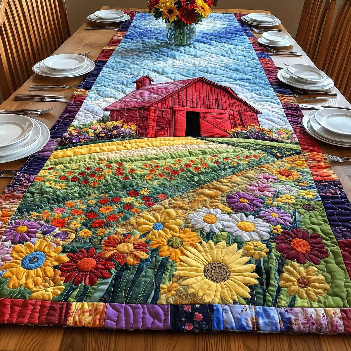 Red Barn Above Sunflower Meadow Table Runner
