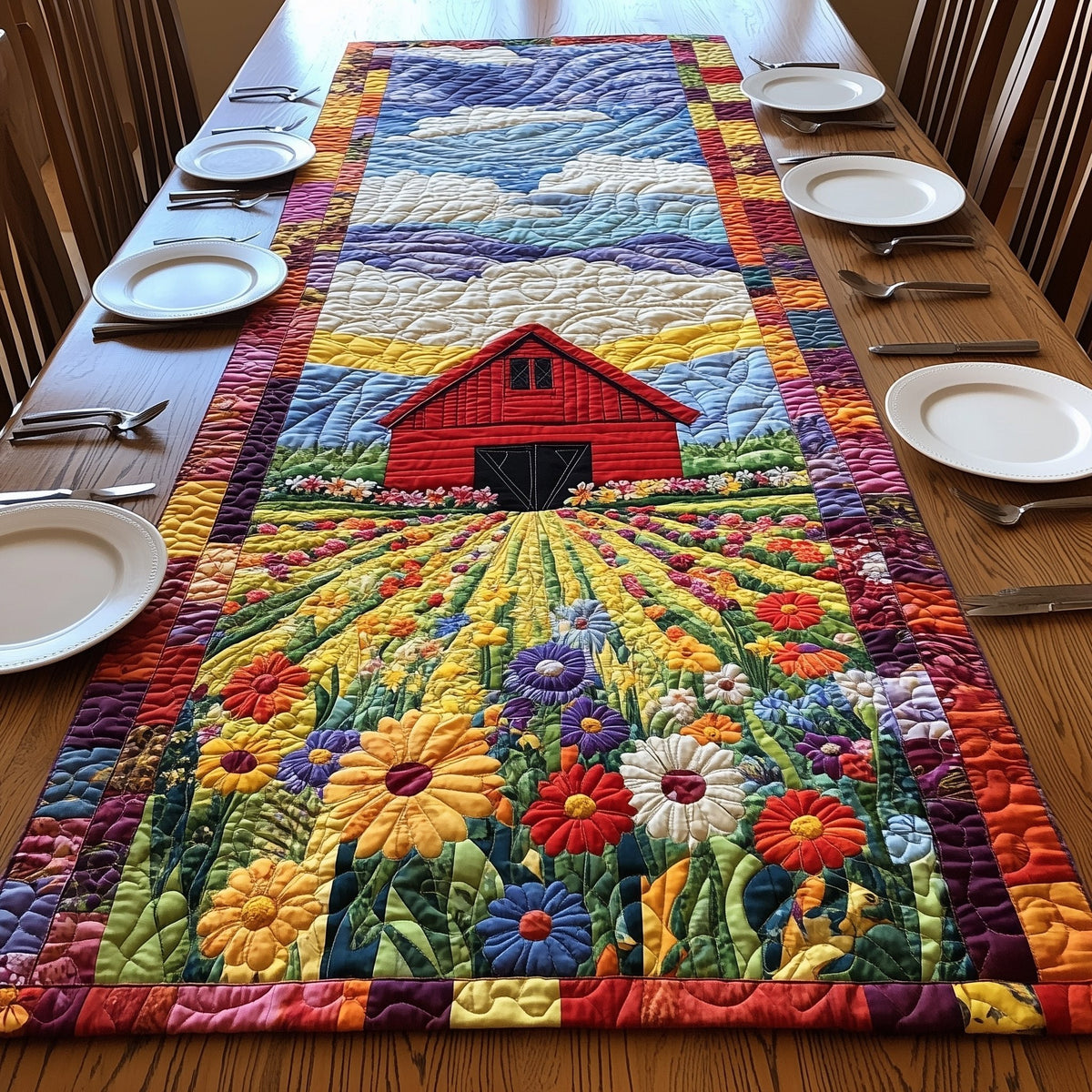Barn and Field of Wildflowers Table Runner