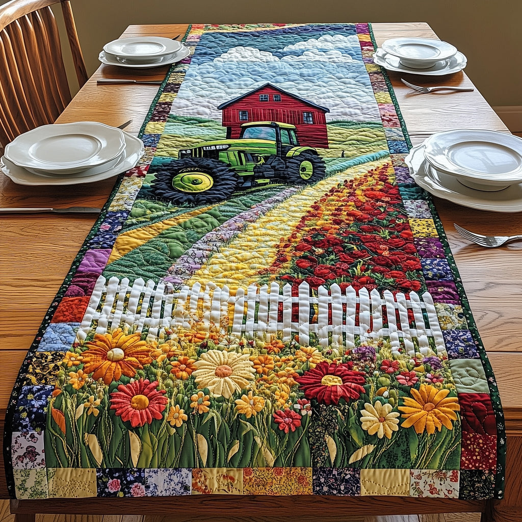 Tractor Behind White Picket Fence Table Runner