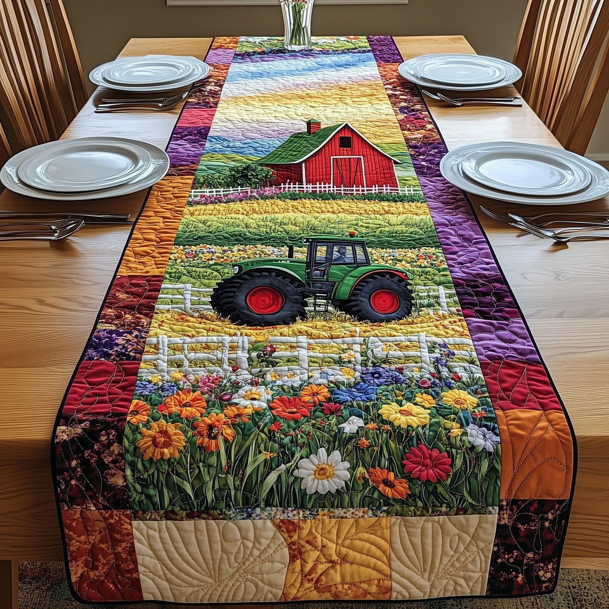 Tractor with Barn and Wildflowers Table Runner
