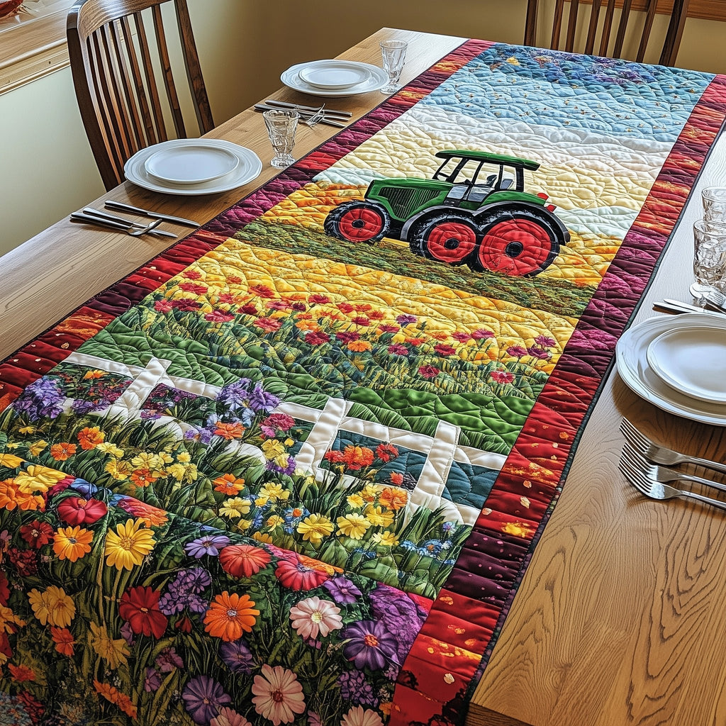 Red Tractor Above Flower Rows Table Runner