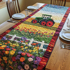 Red Tractor Above Flower Rows Table Runner