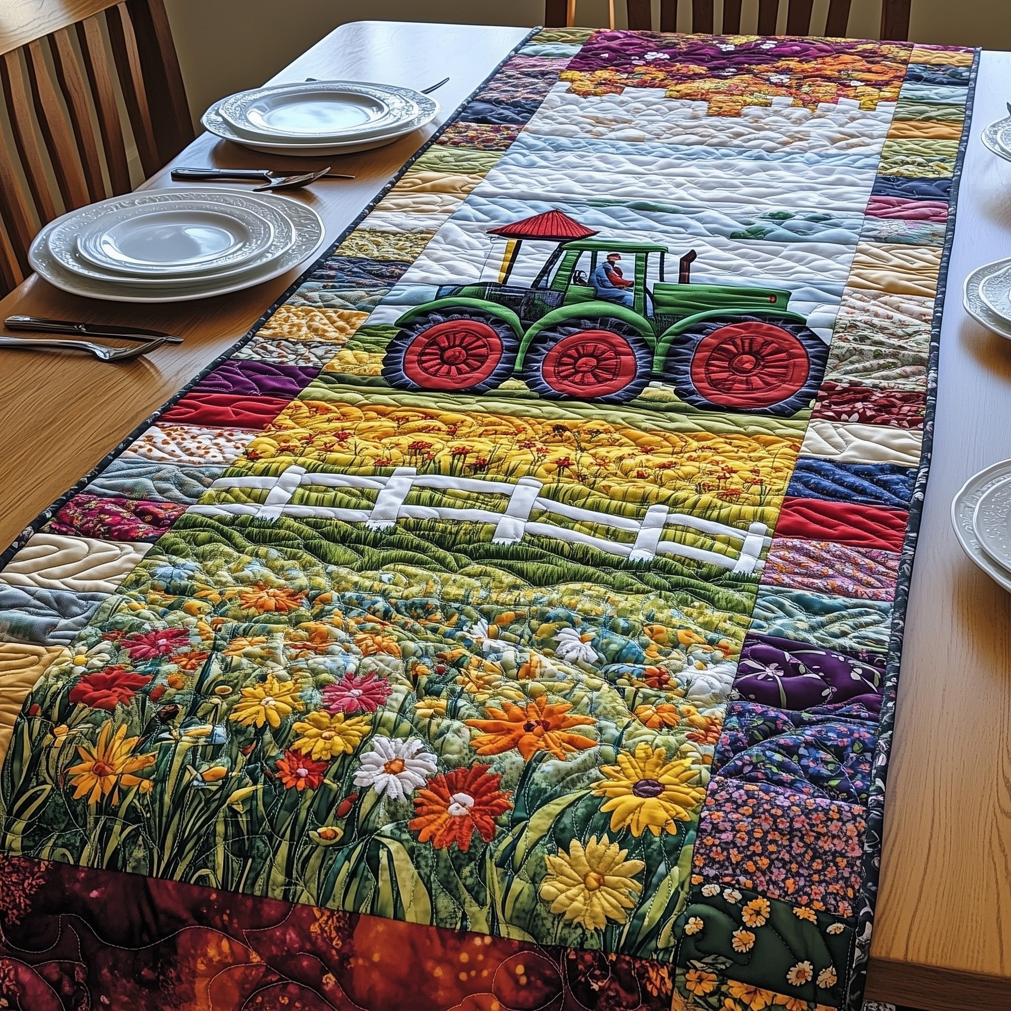 Tractor and Fence with Blooms Table Runner