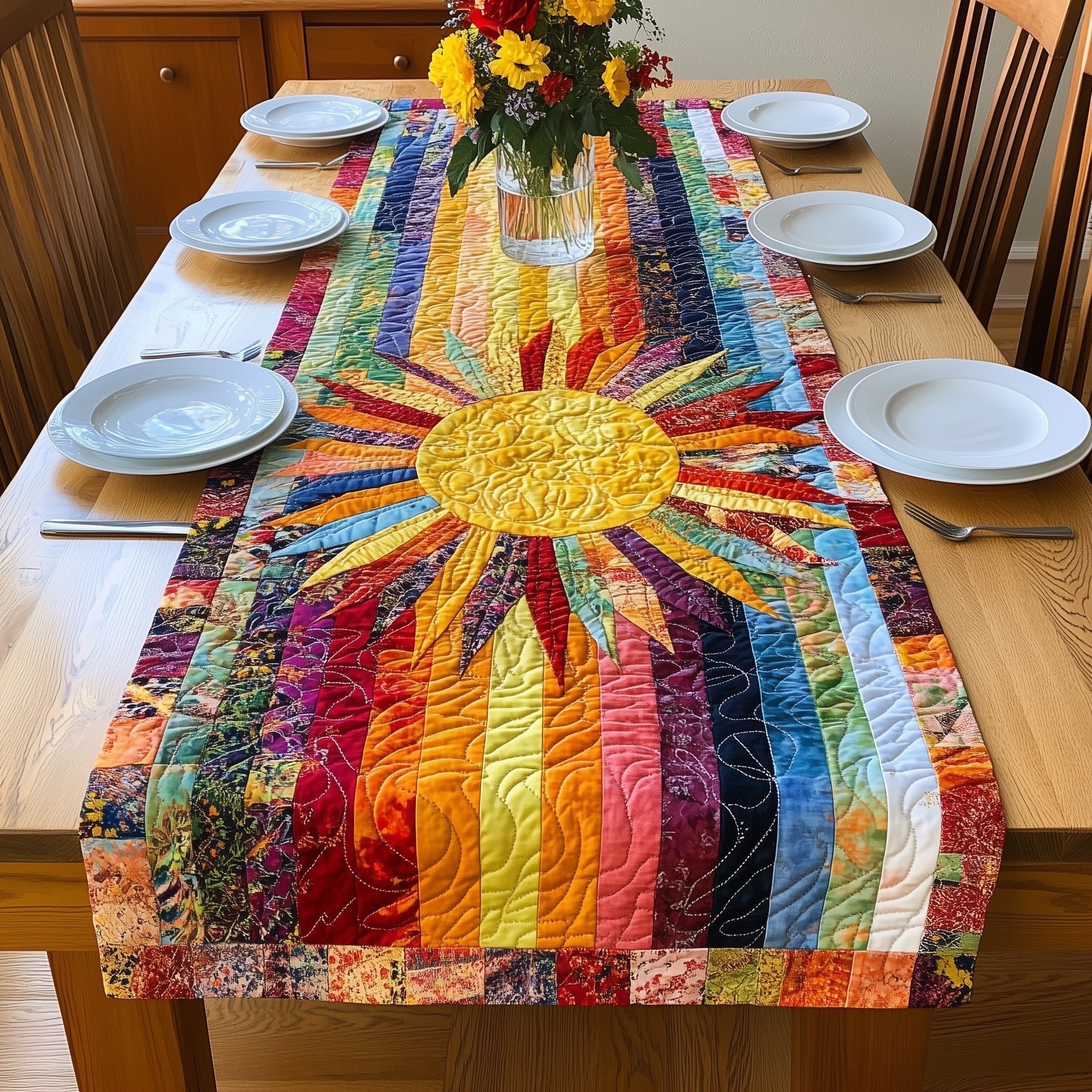 Yellow Sun with Rainbow Strip Rays Table Runner