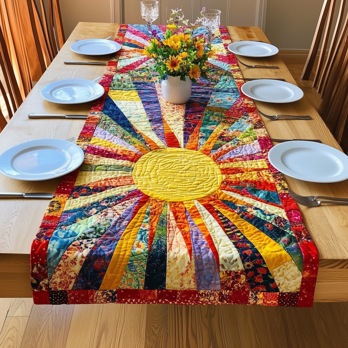 Bright Sun over Patchwork Strips Table Runner