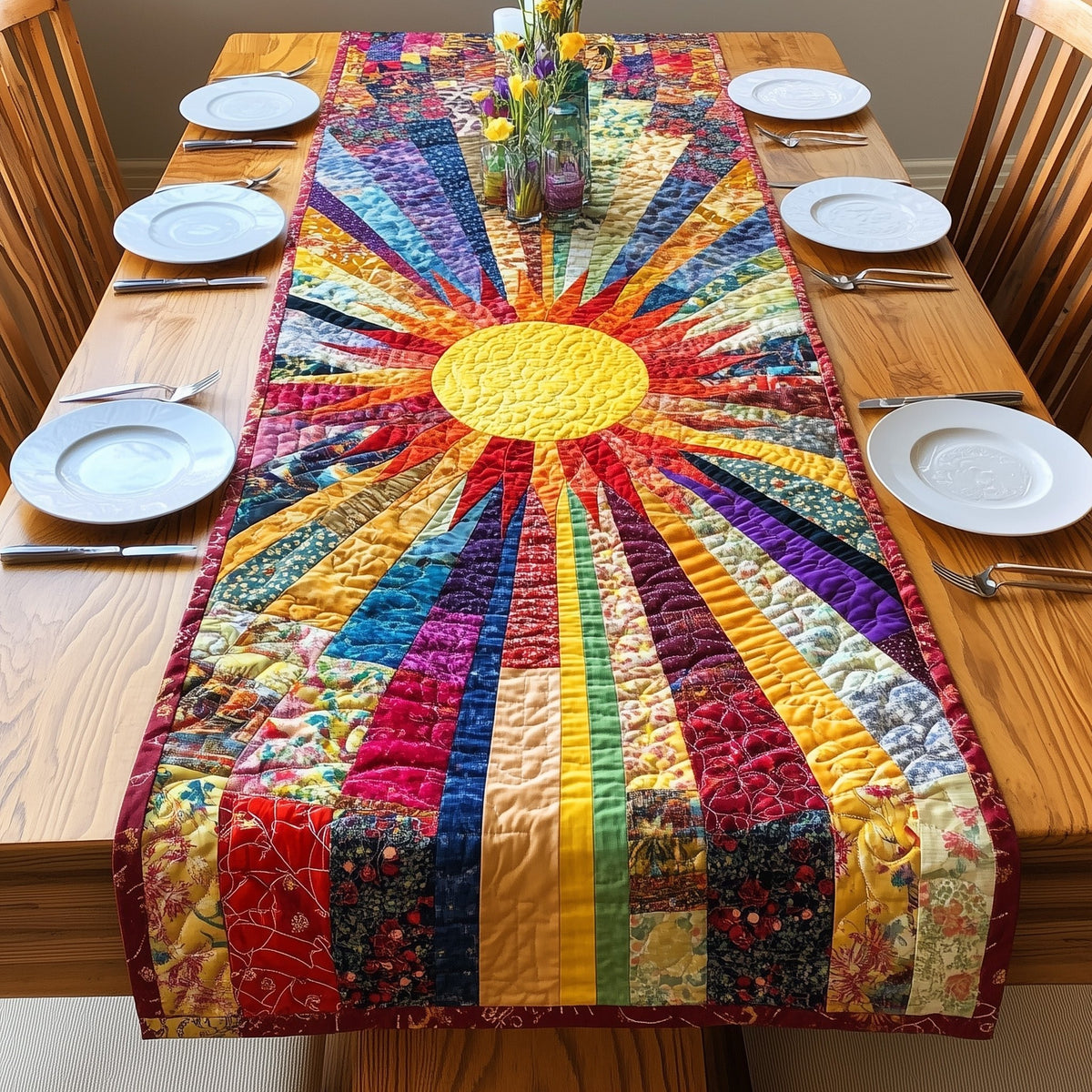 Red Sun with Radiating Stripes Table Runner