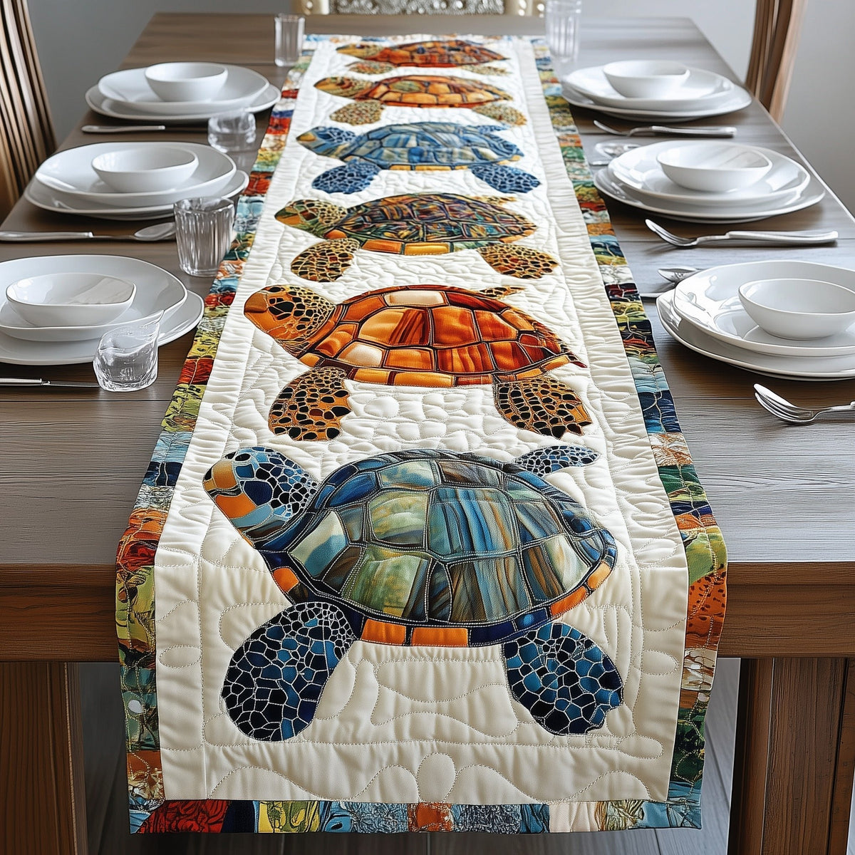 Mosaic Turtles on Cream with Blue Border Table Runner