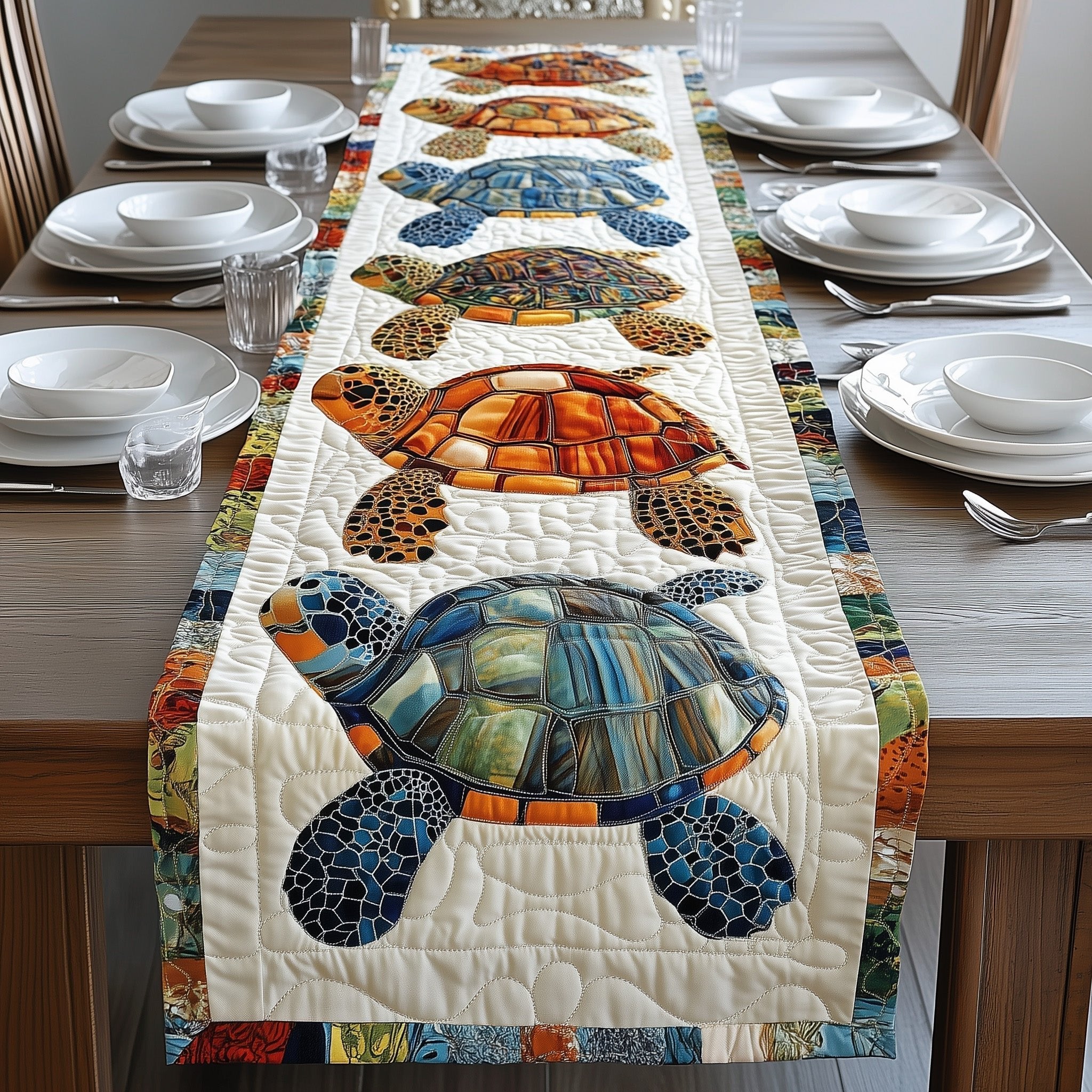 Mosaic Turtles on Cream with Blue Border Table Runner