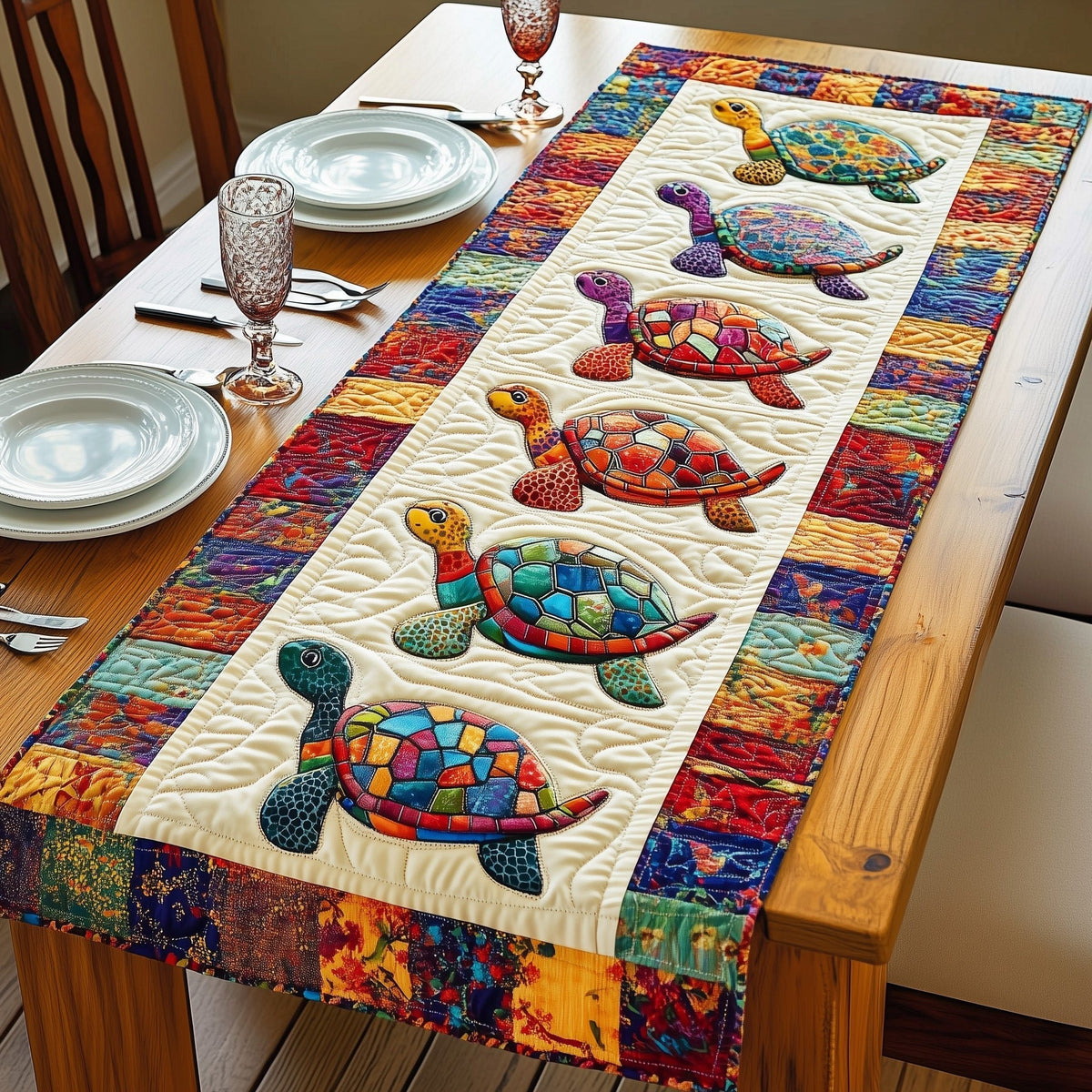 Patchwork Turtles on Bright Border Table Runner