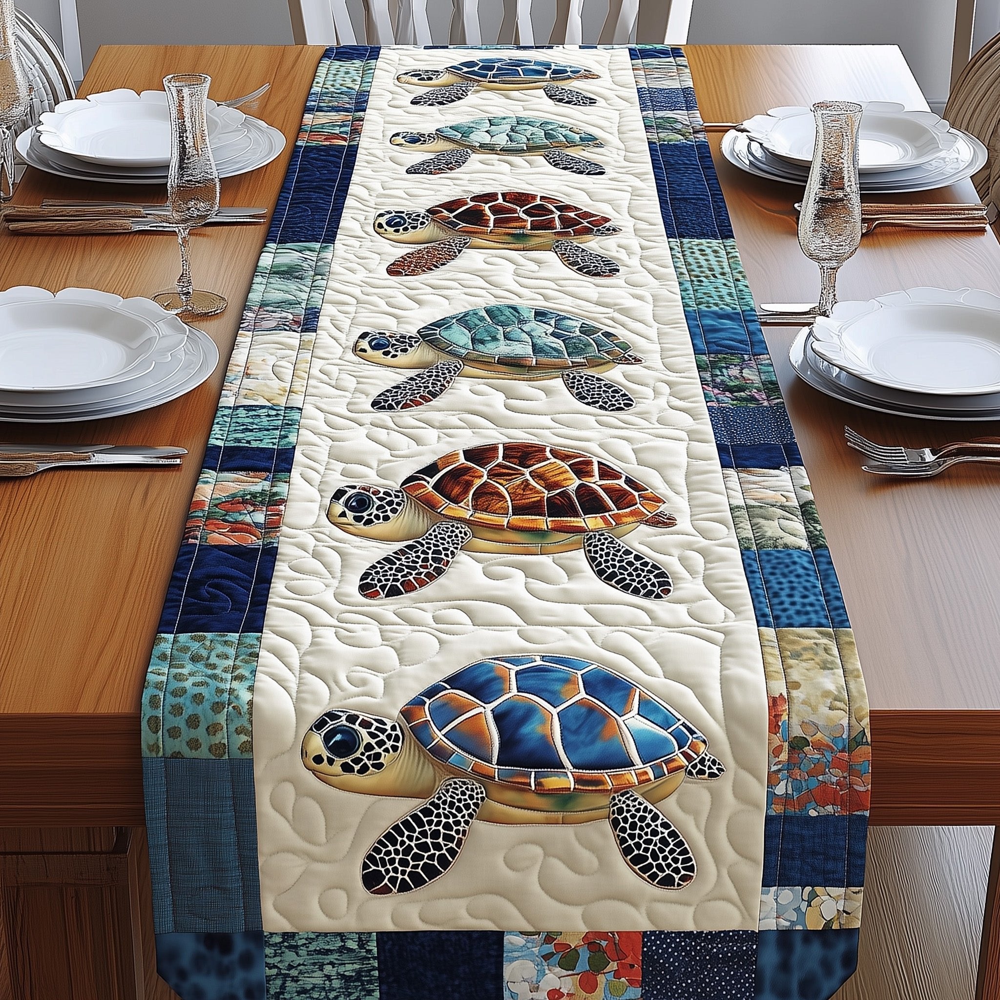 Blue and Teal Turtles on Cream Table Runner