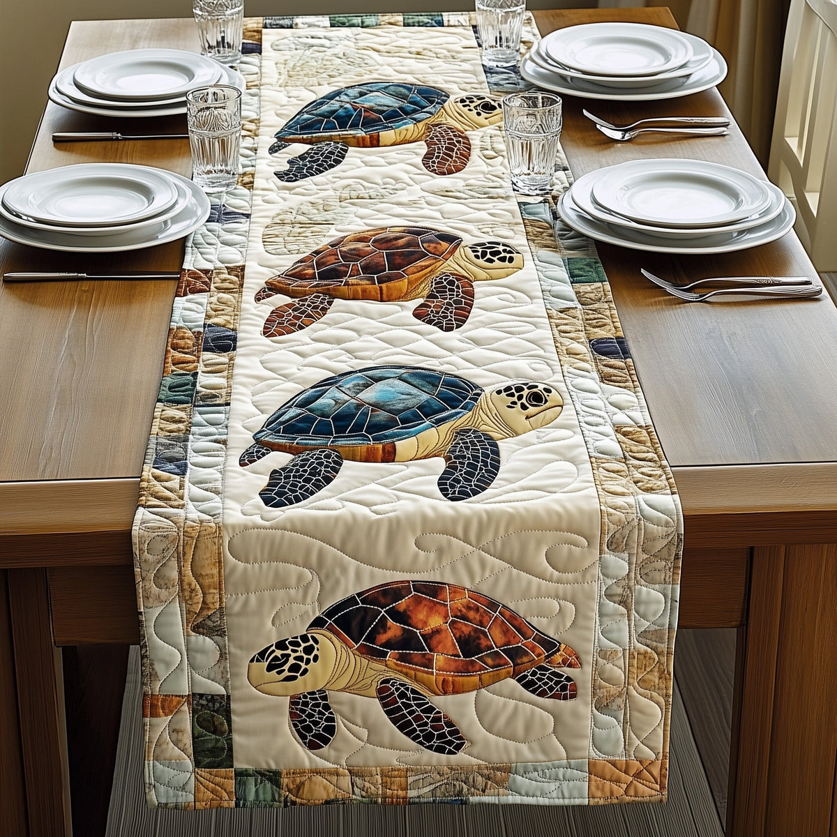 Three Turtles on Ivory Panel Table Runner
