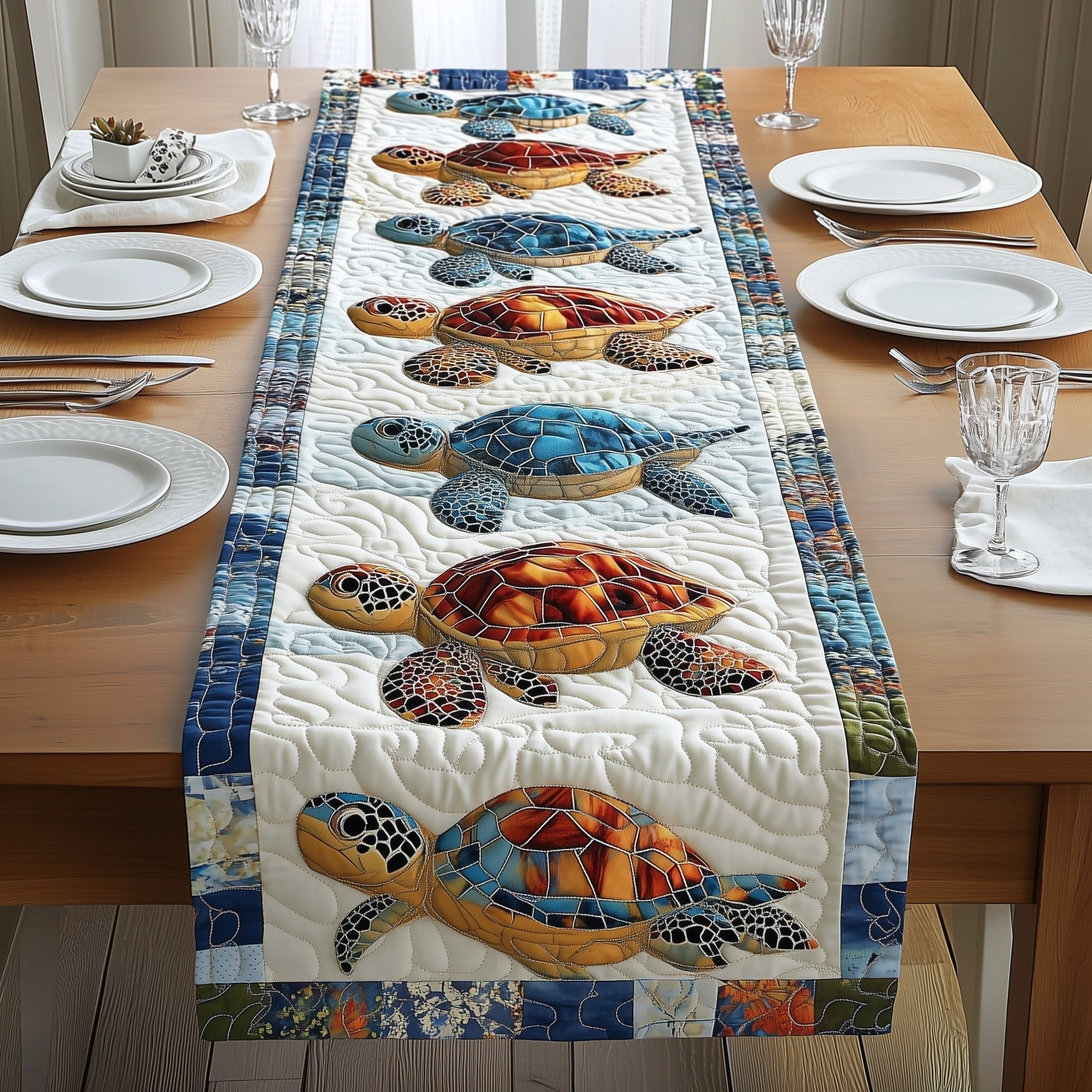 Amber and Blue Turtles in Column Table Runner