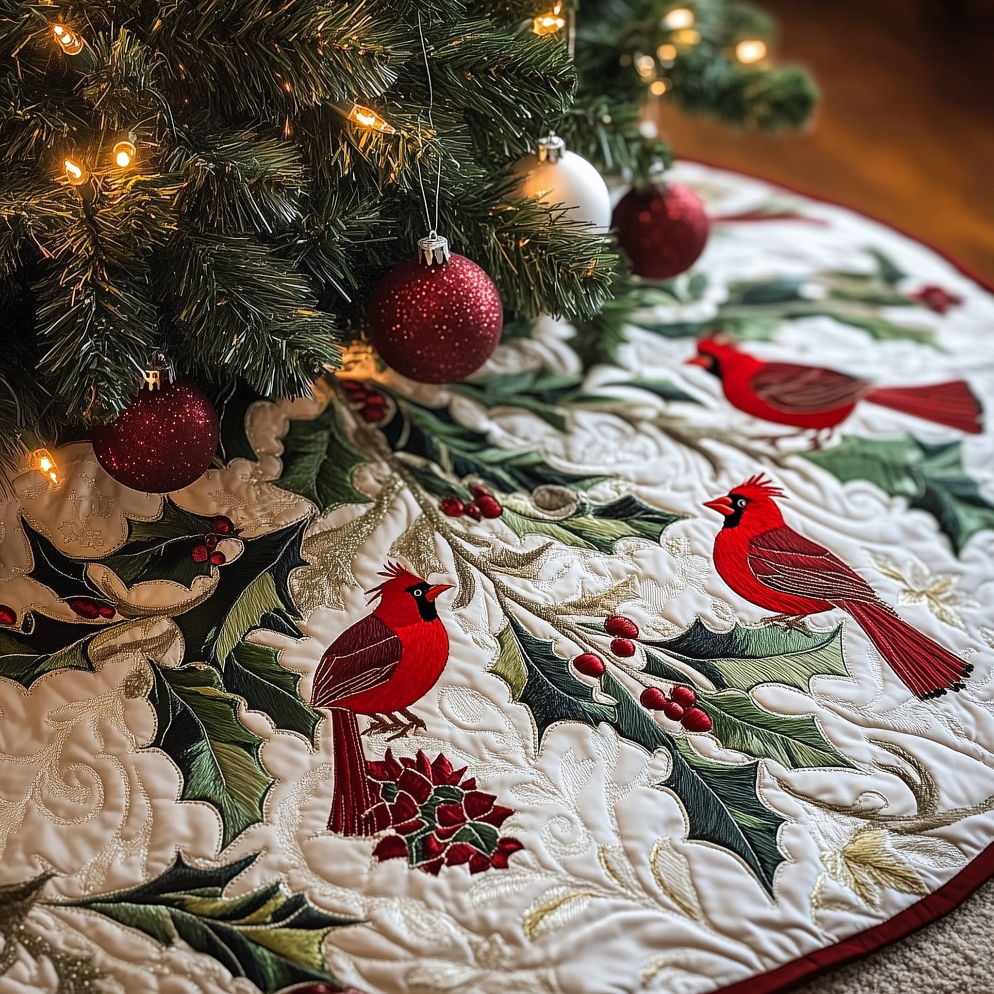 Cardinals with Holly on White Christmas Tree Skirt