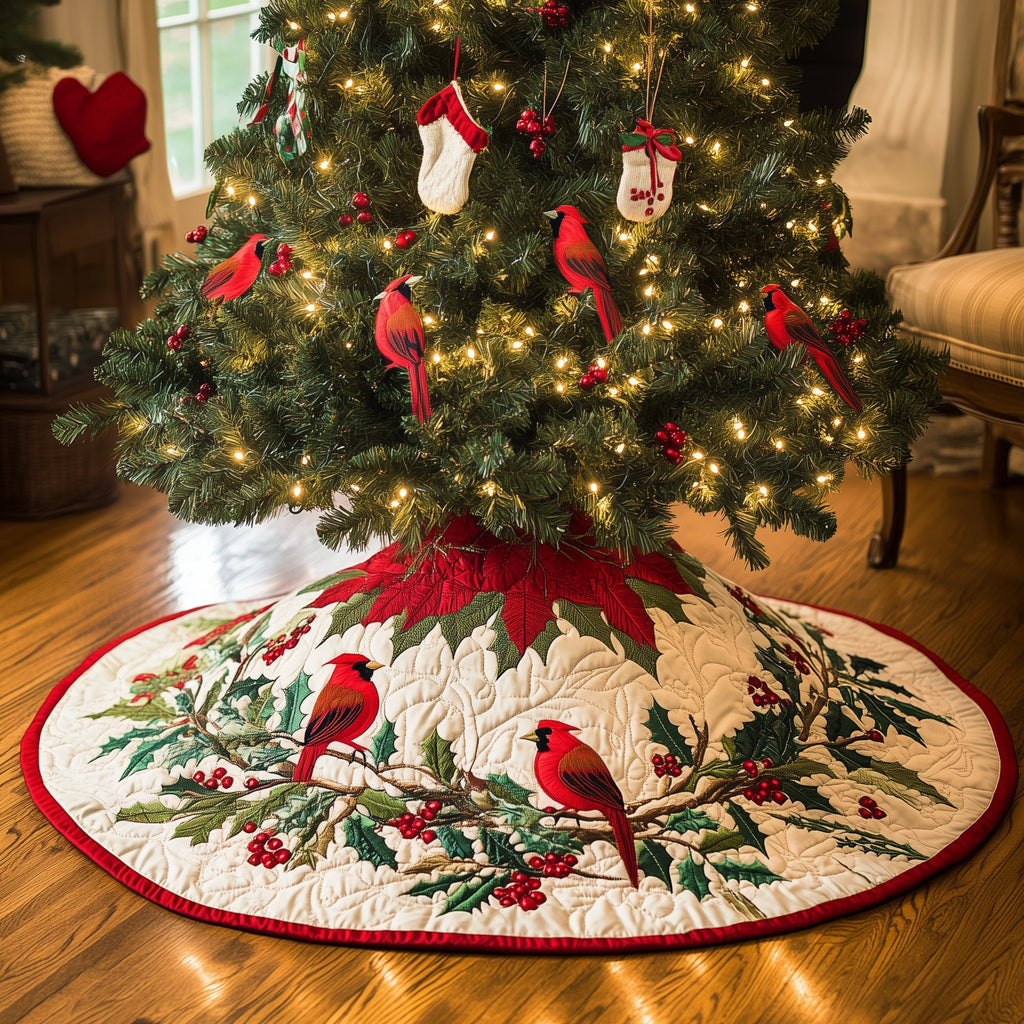 Cardinals with the Red Scalloped Edge Christmas Tree Skirt