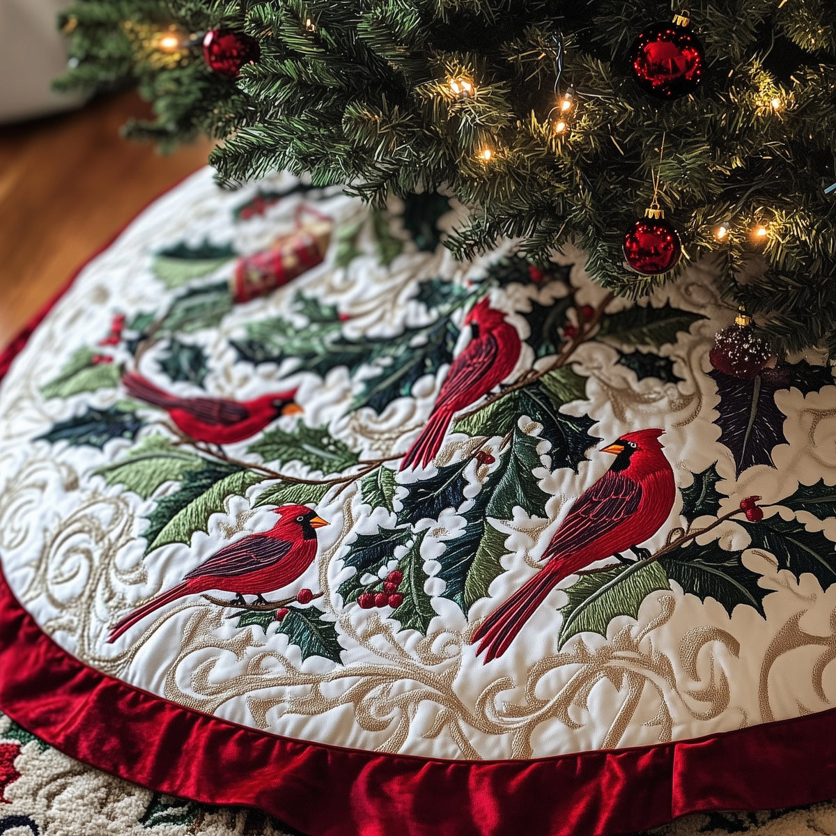 Cardinals on Holly with Crimson Rim Christmas Tree Skirt