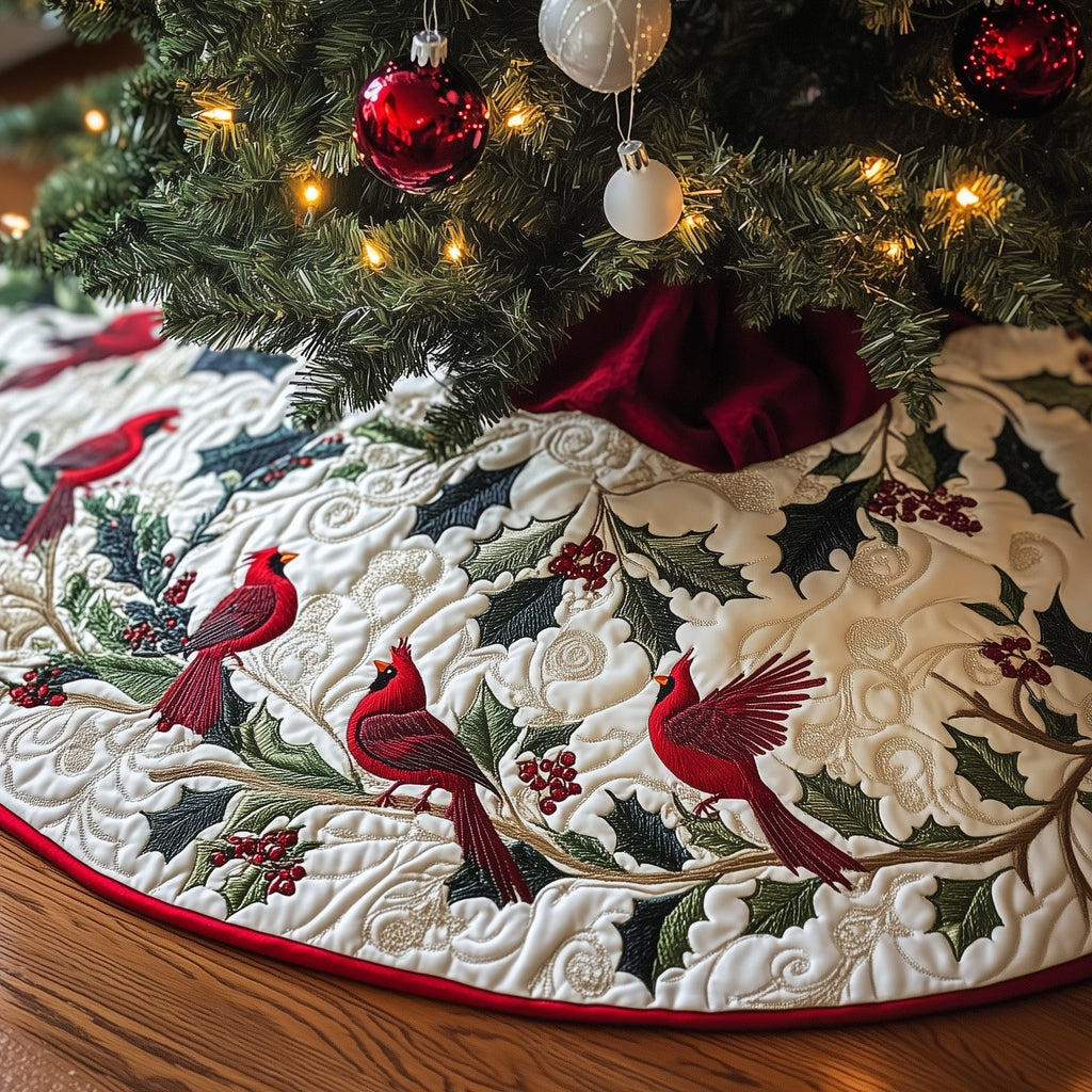 Cardinal Pair with Winter Berries Christmas Tree Skirt