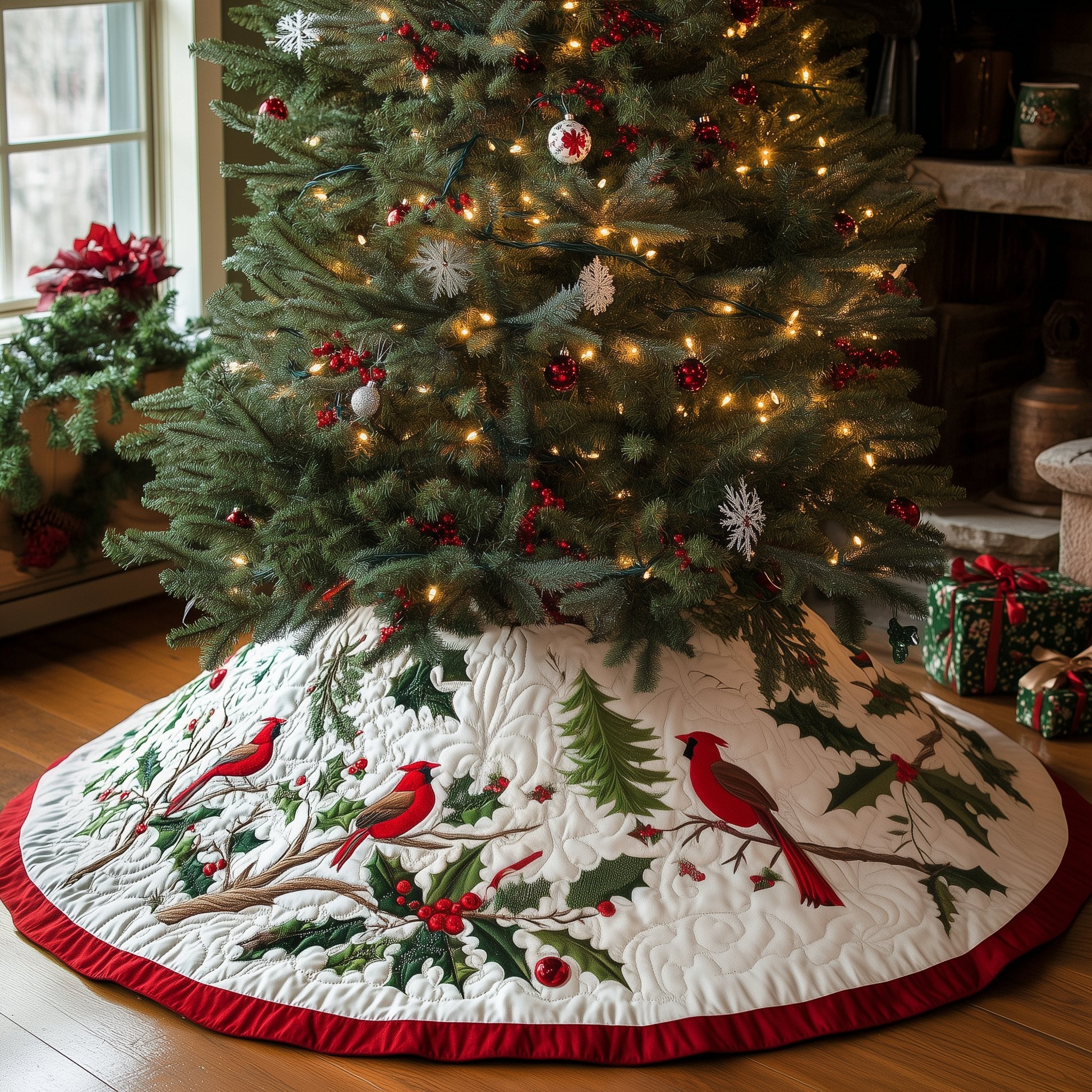 Cardinals on White with Red Trim Christmas Tree Skirt
