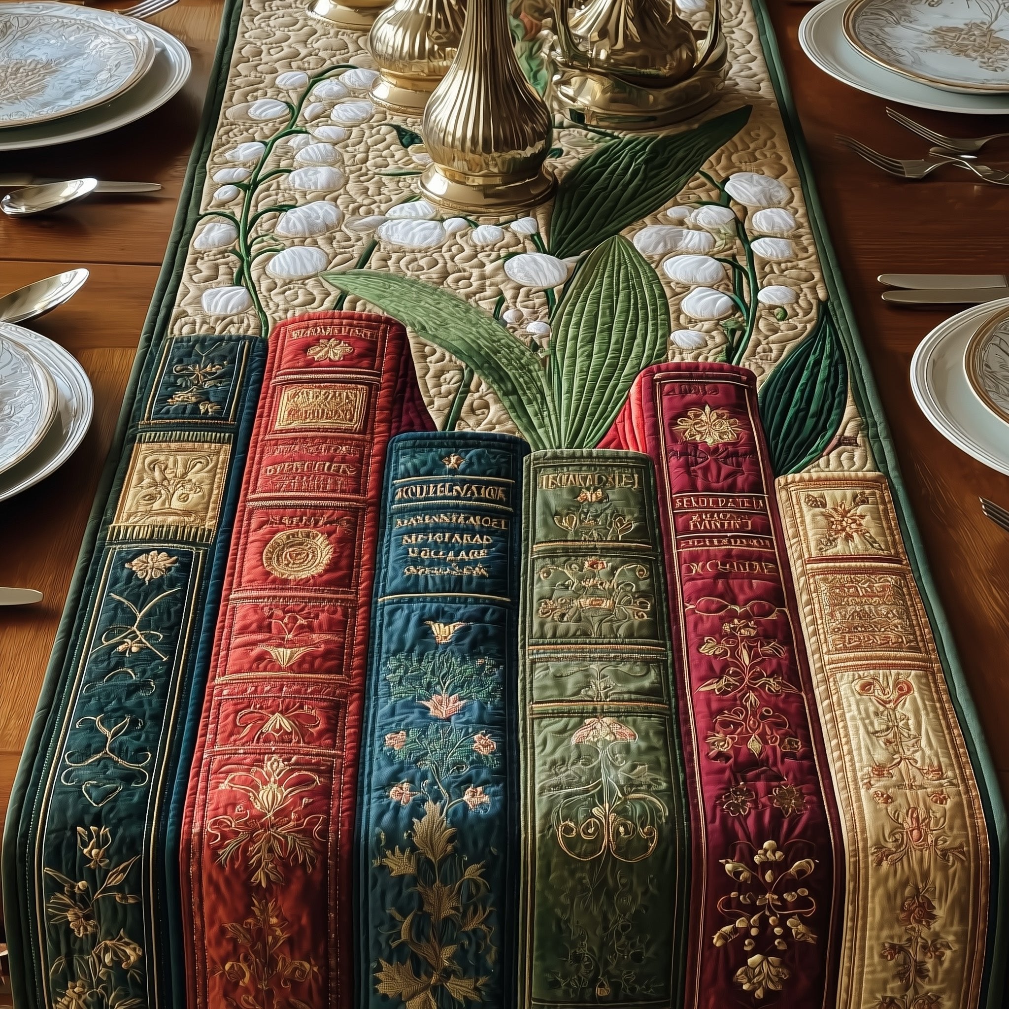 Antique Books with Lily of the Valley Table Runner