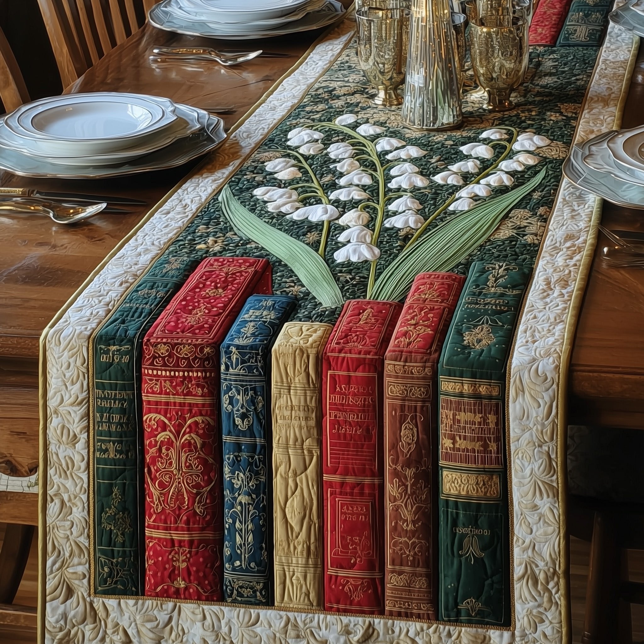 Antique Book Spines in Red and Green Table Runner