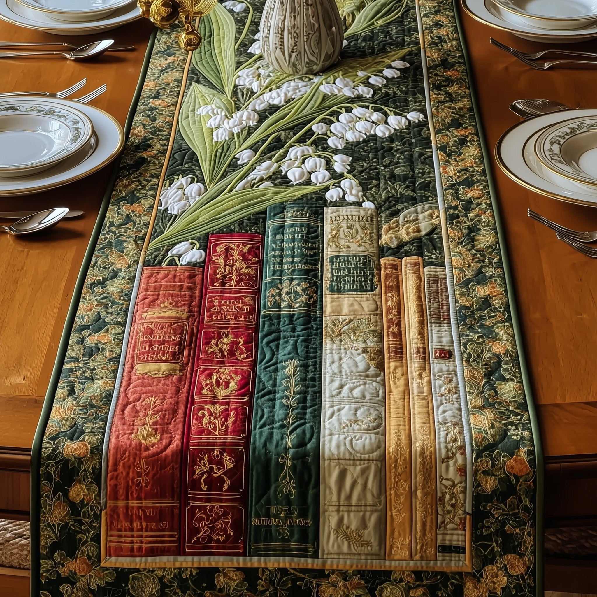 Books with White Bell Flowers Table Runner