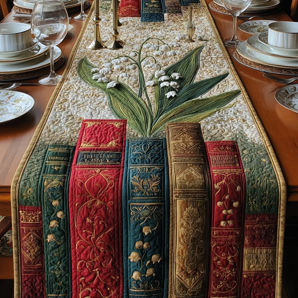 Red and Green Books with Lilies Table Runner