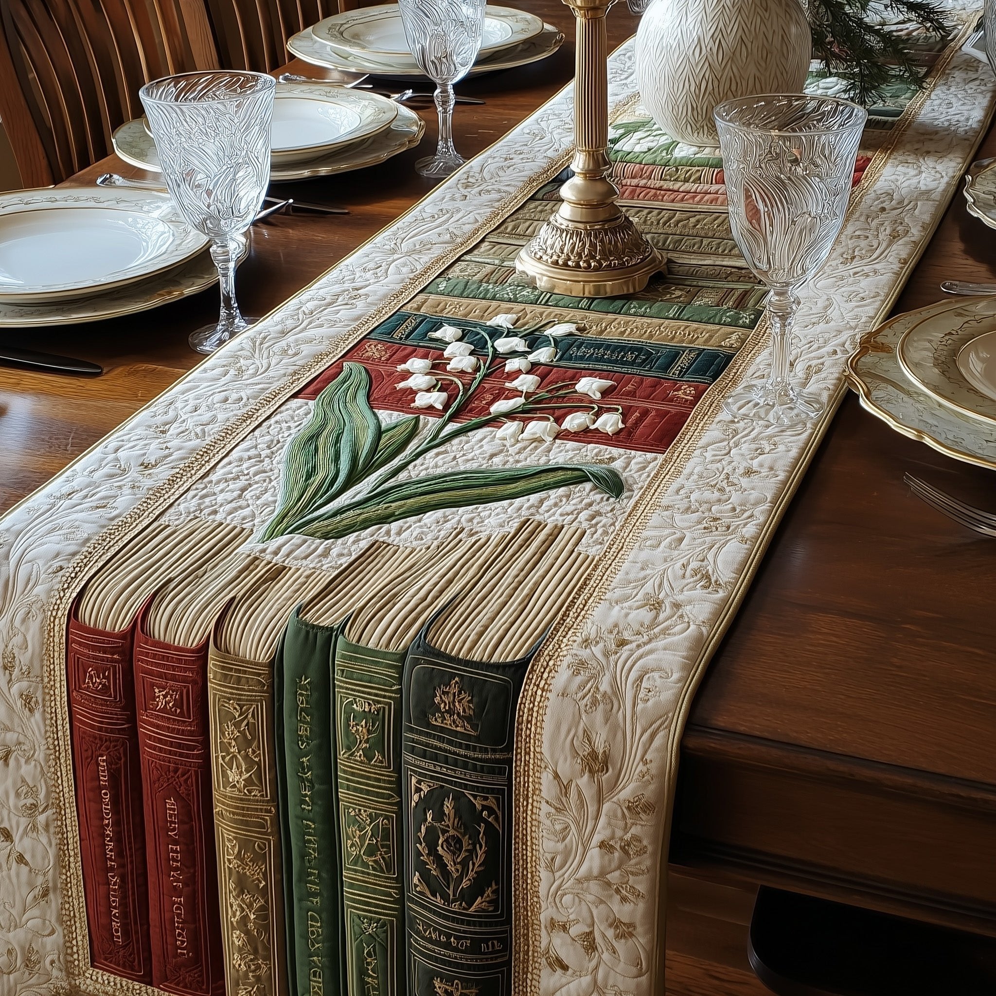 Books with Lily of the Valley Sprigs Table Runner
