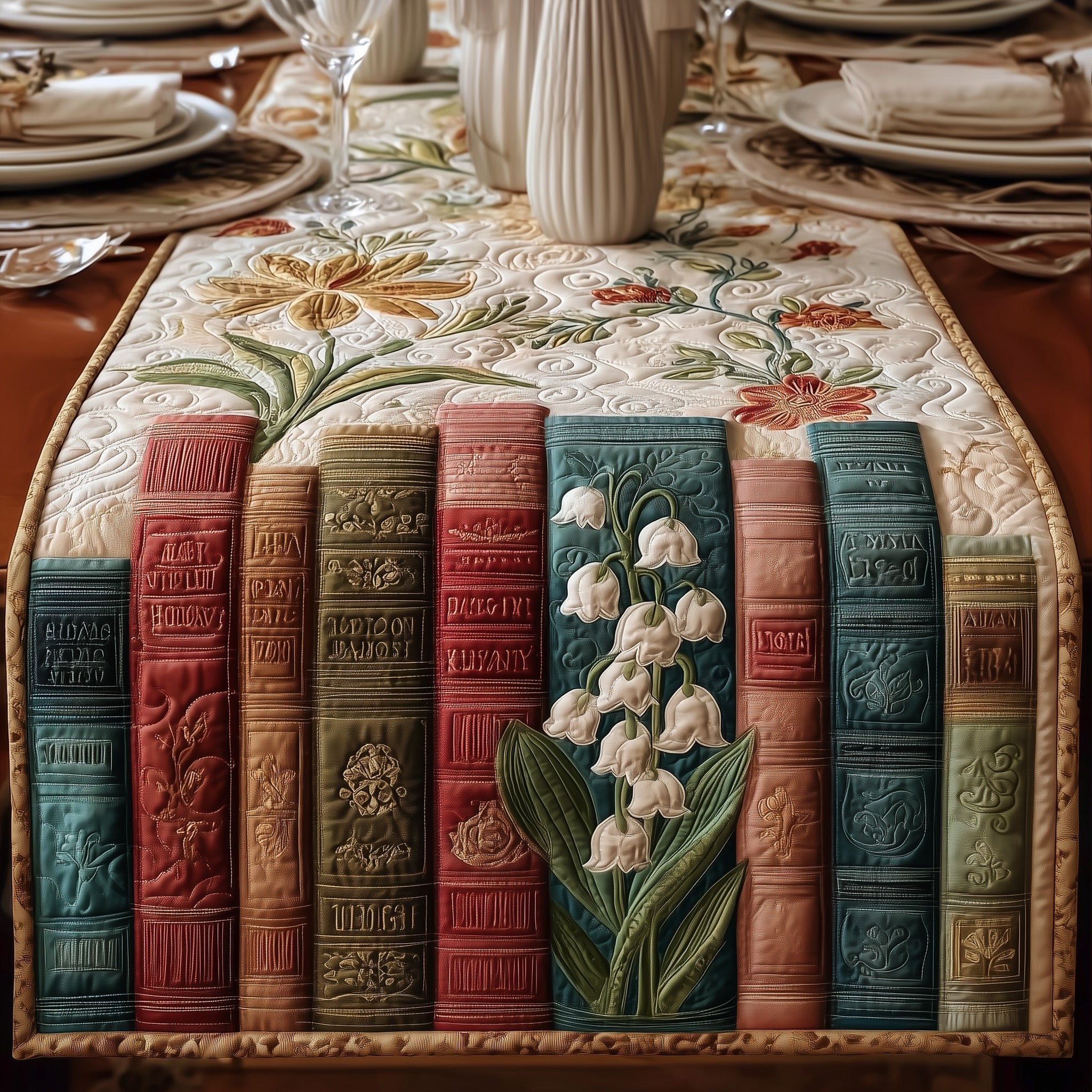 Book Spines Beside White Bell Flowers Table Runner