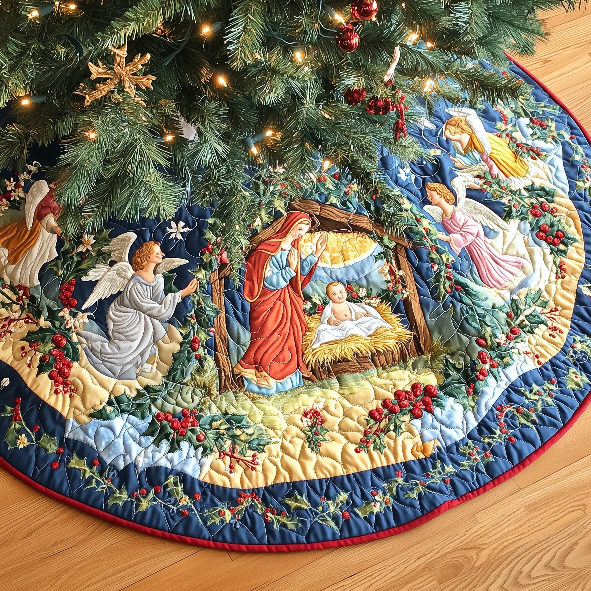 Nativity Scene with Angels Navy Christmas Tree Skirt