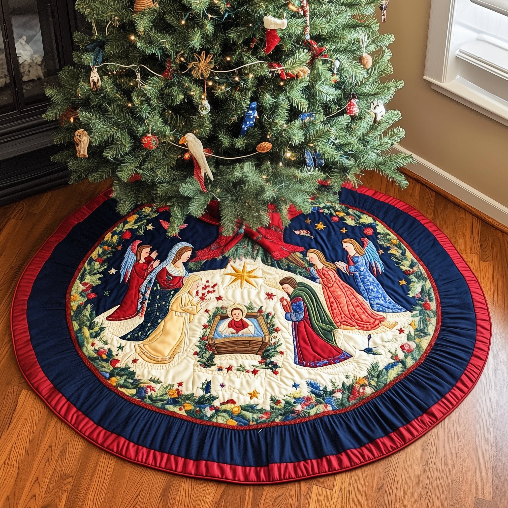 Nativity on Cream with Striped Border Christmas Tree Skirt