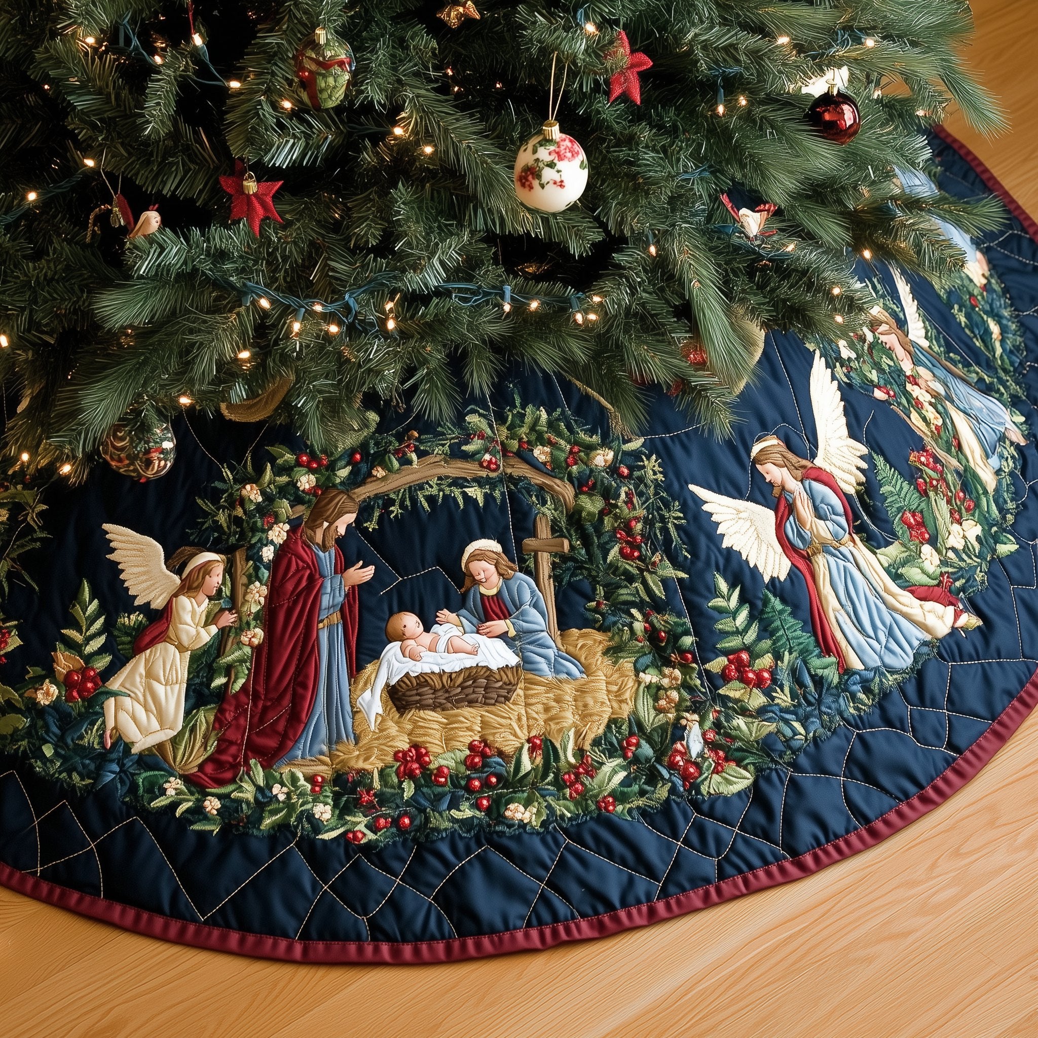 Holy Family with Angel and Holly Christmas Tree Skirt